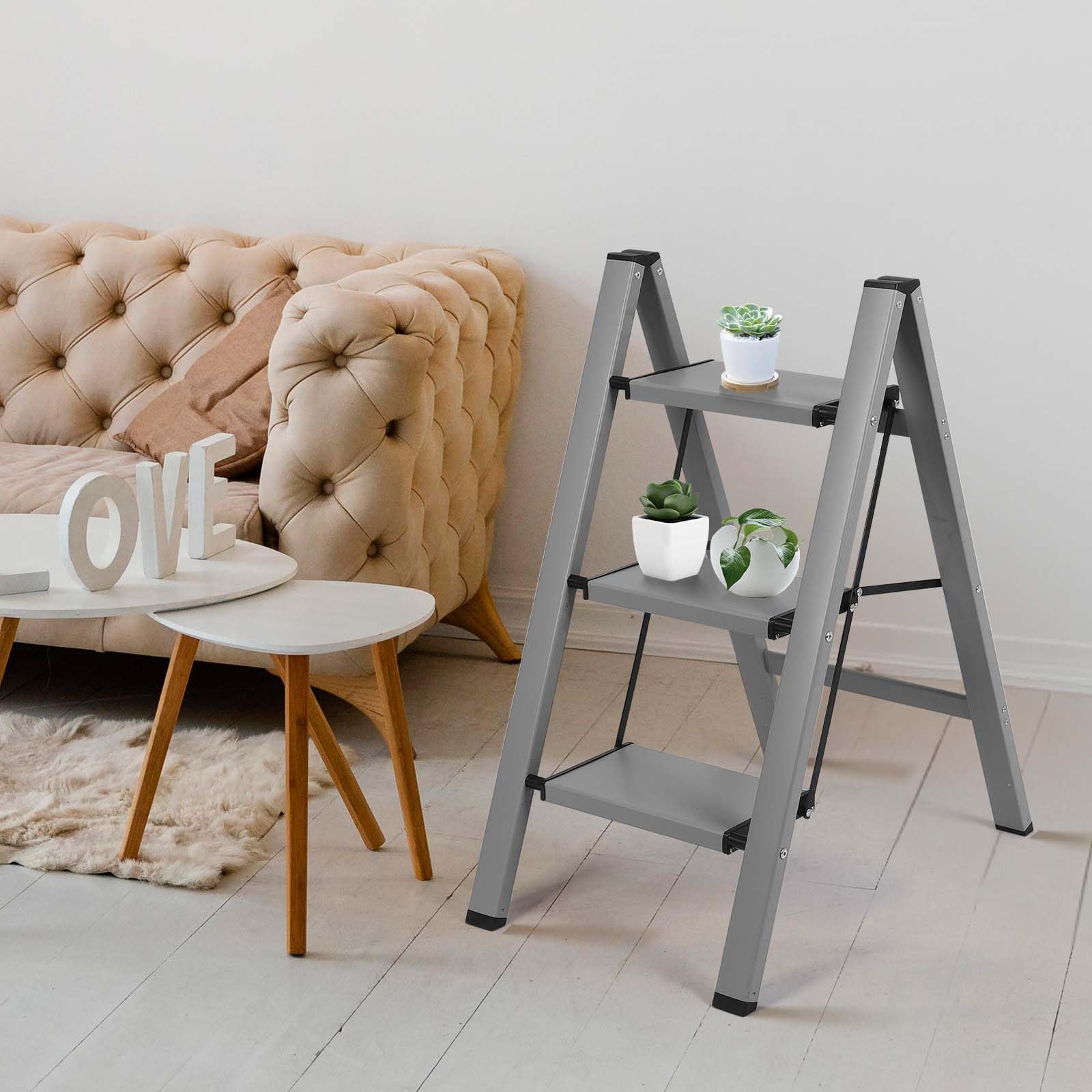 BOWEITI Scala a pioli, scaletta pieghevole, in alluminio leggero, portatile, con pedale antiscivolo, fino a 330 Lbs (grigio 3 step)