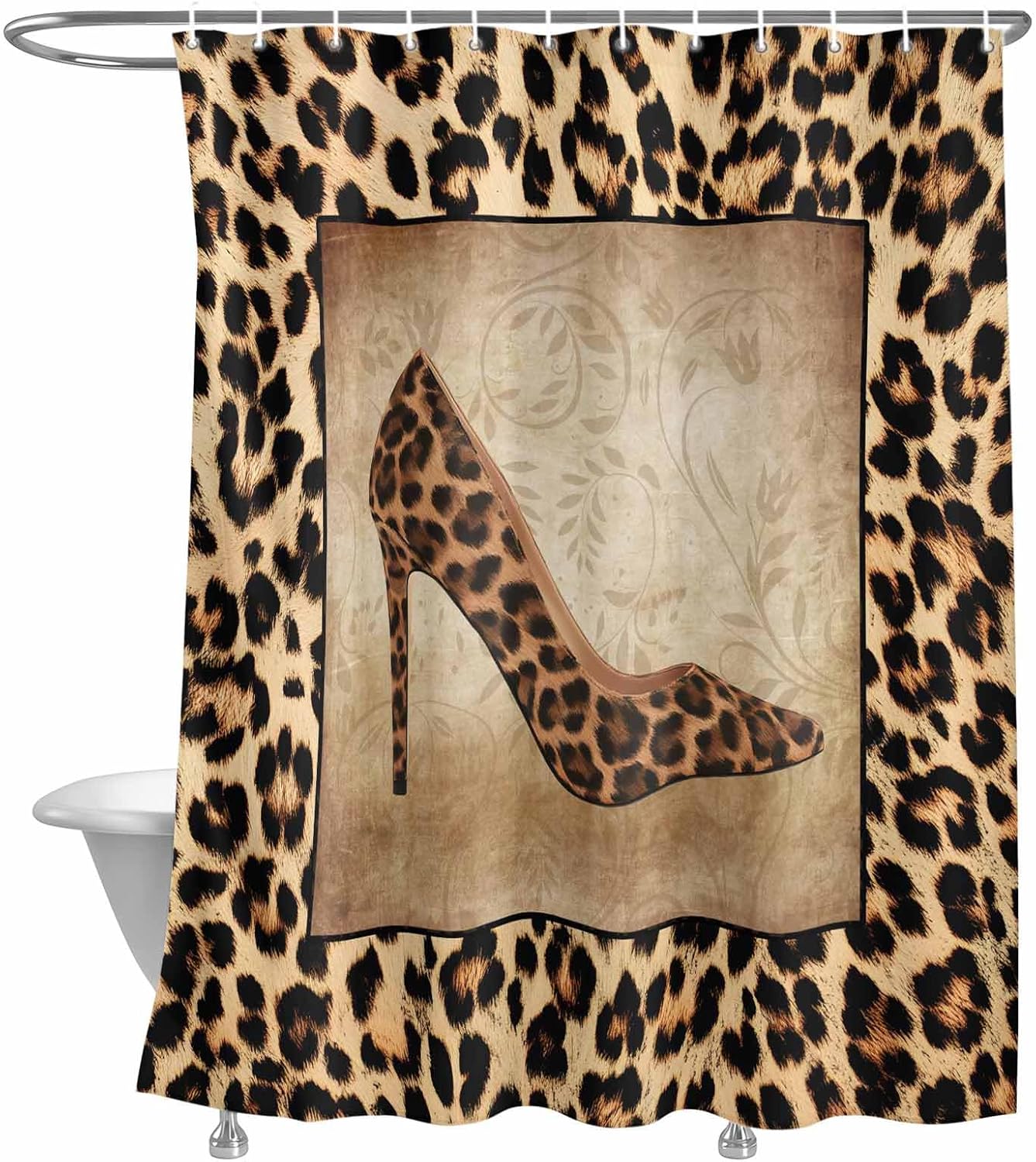 LooPoP Shower Curtain Set,Leopard Print Machine Washable Shower Curtain Set Fabric Shower Curtains for Bathroom Decoration Shoe High Heels 54x78IN