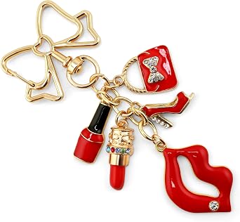 Kiss Charm Red Lipstick Chic Keychain for Women Stylish Fashion Purse Charm with Love Heart Lips & Bag Key Ring