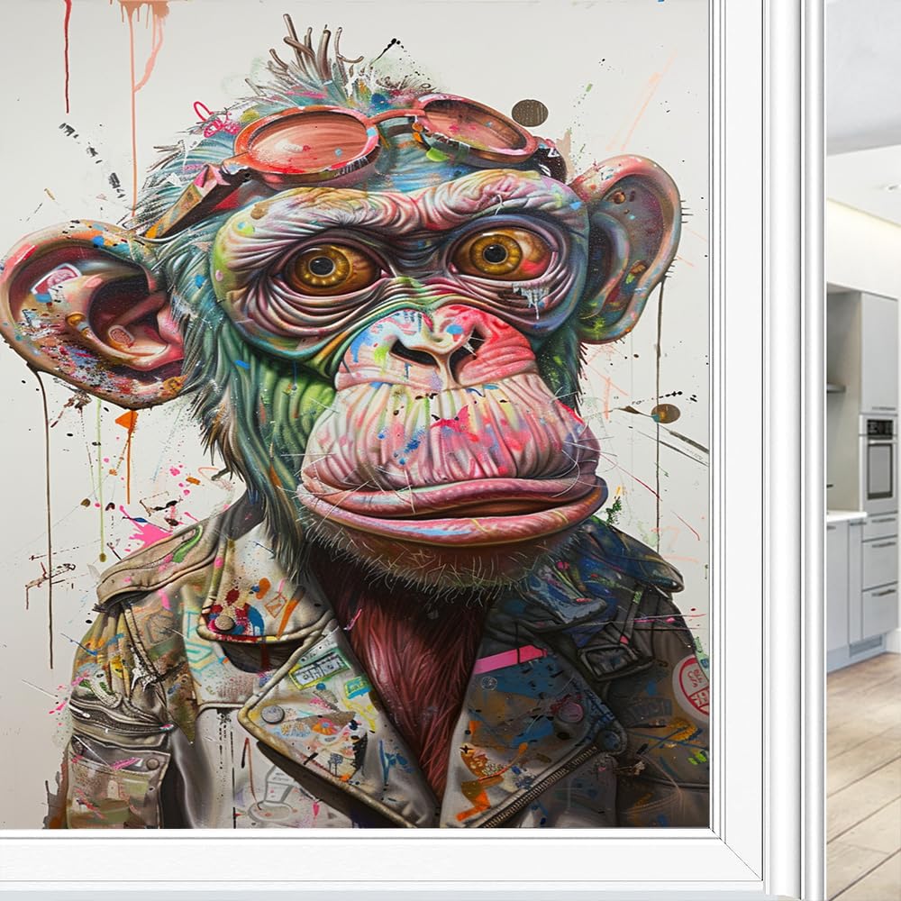 Colorful Monkey Window Film Privacy Glam Wildlife Animals Retro Decorative Stained Static Cling Window Sticker for Home, 45x60 cm