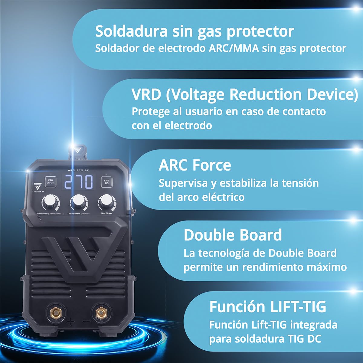 STAHLWERK Soldadora de electrodos ARC-270 ST – Equipo completo con carro – Máquina de soldar MMA (Electrodo) hasta 270 A, soldadura sin gas protector, Inverter Lift-TIG 400 V, control de temperatura