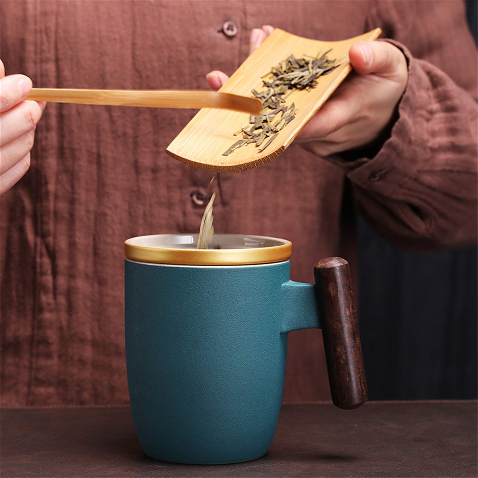 Teetasse Mit Deckel Sieb Und Holzgriff 400ml Porzellan Teebecher, Plastikfrei Cup Keramikbecher Set Zum Einweichen Von Losen Tee, Für Büro, Zuhause Oder Geschenk (Dunkelgrün)