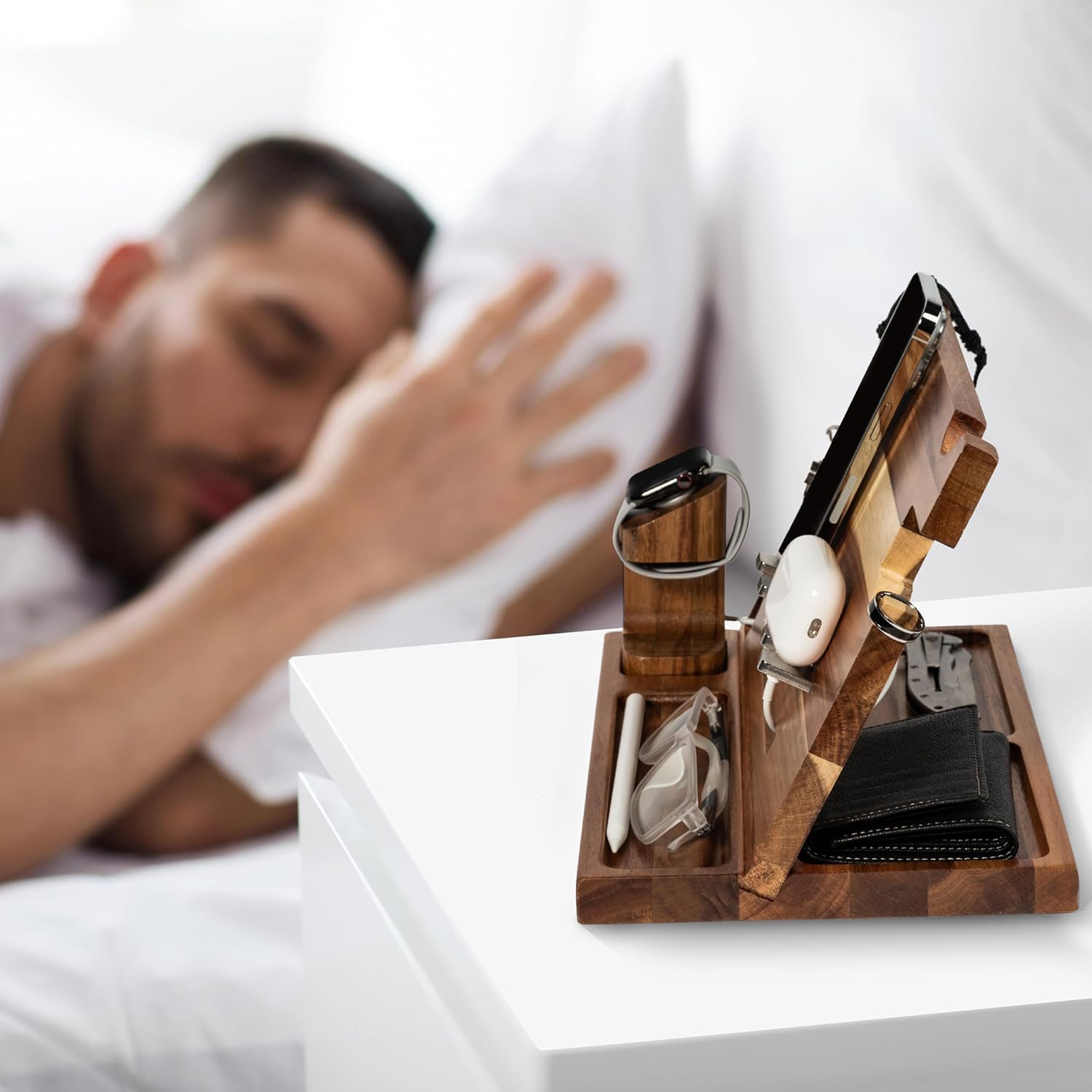 Wood Phone Docking Station for Men, Nightstand Organizer, Gifts for Him from Daughter Son Wife, Christmas Anniversary Birthday Gift Ideas for Husband Him
