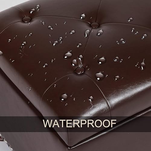 Miniatura 6 de Homebeez Banco otomano de almacenamiento de piel sintética con botones y reposapiés rectangular (marrón)