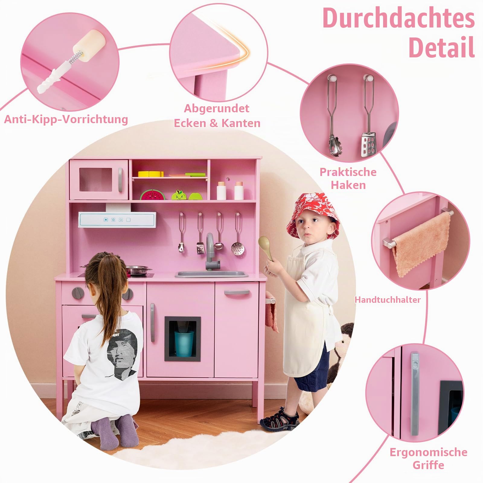HOMASIS Spielküche mit 18 Zubehör, Kinderküche Holz, Spielzeugküche mit Spüle Herd Backofen Mikrowelle Eismaschine, Holzküche Kinderspielküche Eckküche für Kinder ab 3 Jahre (Rosa)