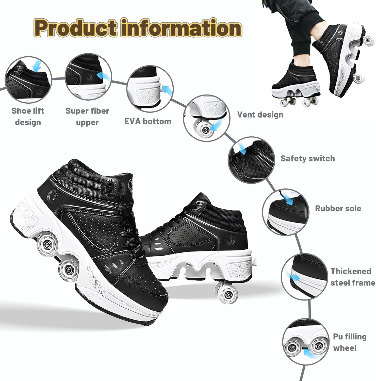 Four-Wheel Skate Shoes, Roller Skates and Sneakers are Unisex and Retractable for Outdoor Use, Suitable for Both Children and Adults