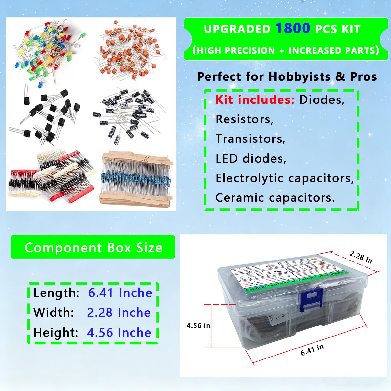 1800 Pcs Electronic Component Kit - 7 Types LED Diodes, Resistors, Capacitors, Ceramic Capacitors, Transistors, Diodes - for DIY Projects, Electronics Hobbyists