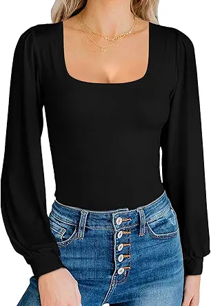 MANGOPOP Square Neck/Mock Neck Puff Sleeve Loose Lantern Short Sleeve Long Sleeve Bodysuit for Women for Going Out