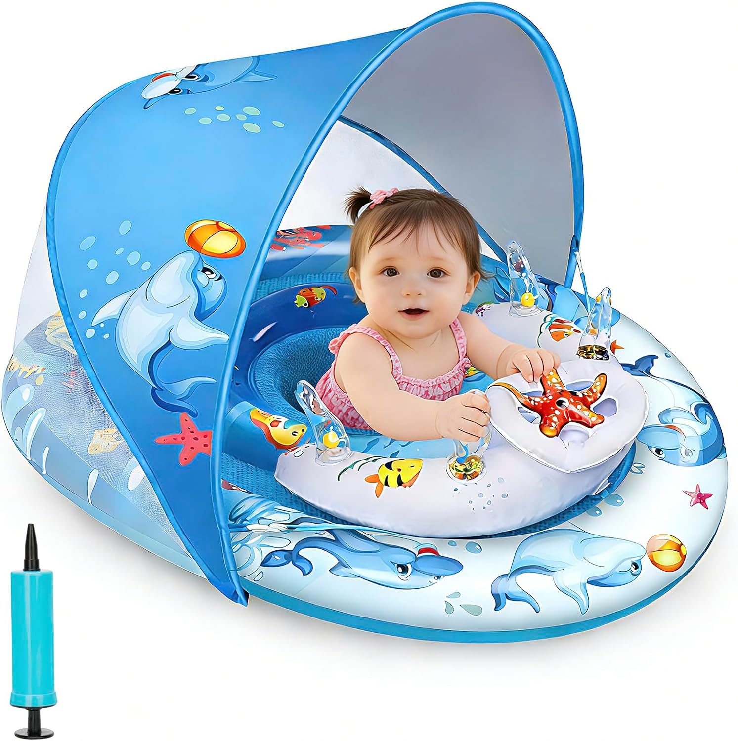 Baby Pool Float for 3-36 Months Infants & Toddlers, UPF 50+ Canopy, Adjustable Seat, 2-in-1 Backstroke & Breaststroke, Anti-Flip Double Air Chambers, Ocean Print, Pool Toy, CPC Certified ASTM F963