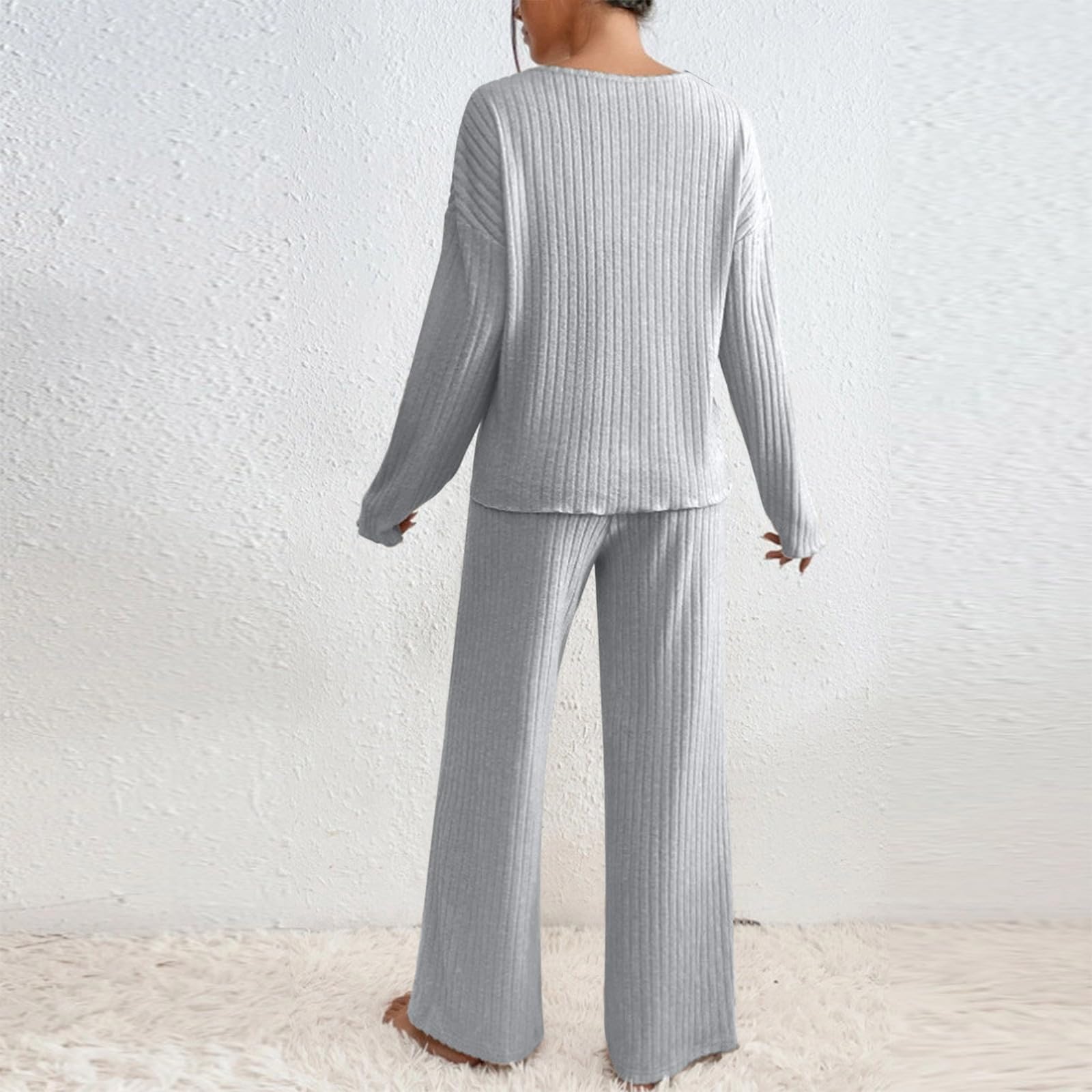 Loungewear Ensemble pyjama côtelé à manches longues pour femme | Ensemble de pyjama à manches longues et col en V en tricot et jambes droites - Vêtements de maison chauds - Couleur unie