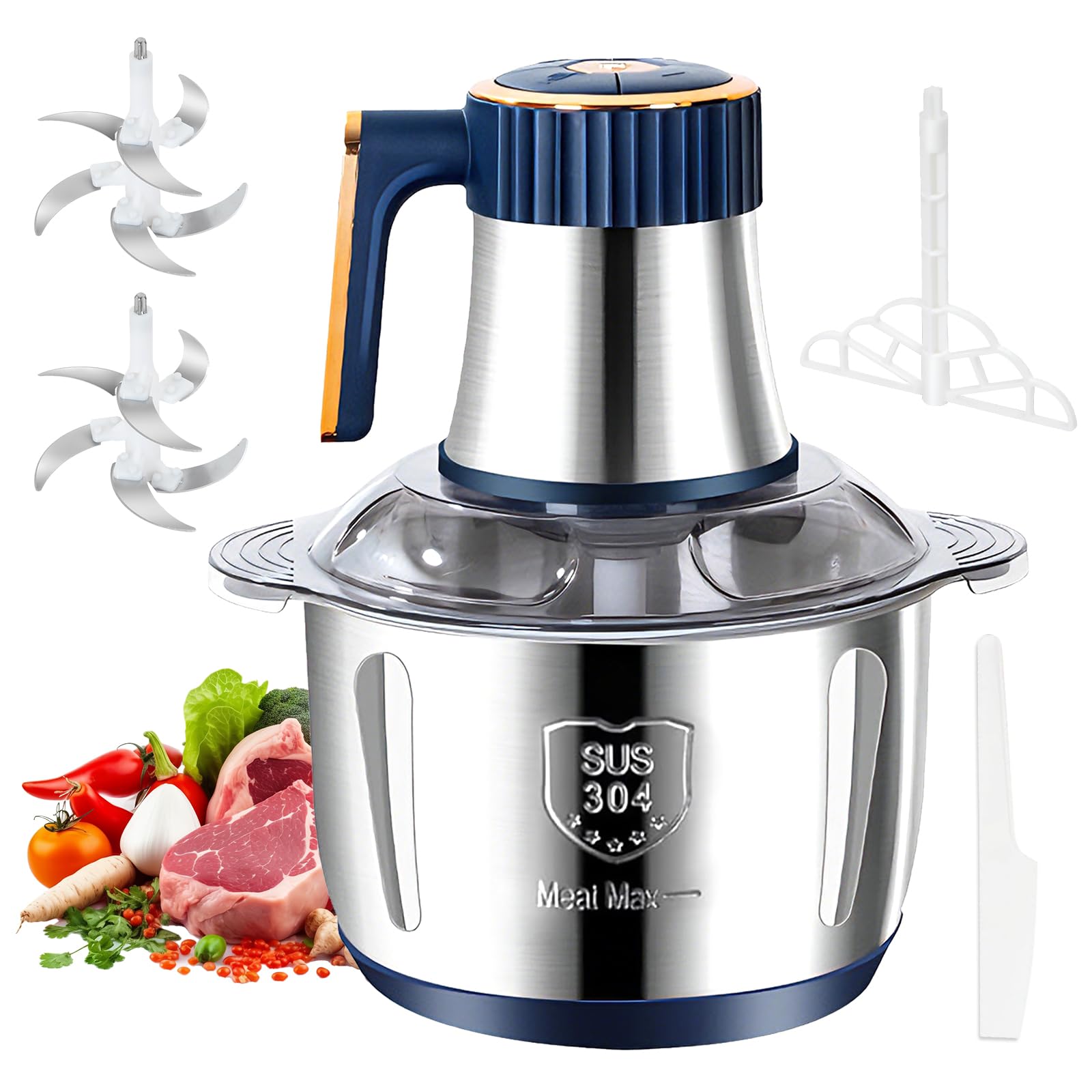 Hachoir Électrique 5L, Mixeur Hachoir 500W avec 5 Vitesses, Lames en Acier Inoxydable 6 Pales, Fouet et Spatule, pour Viande, Légumes