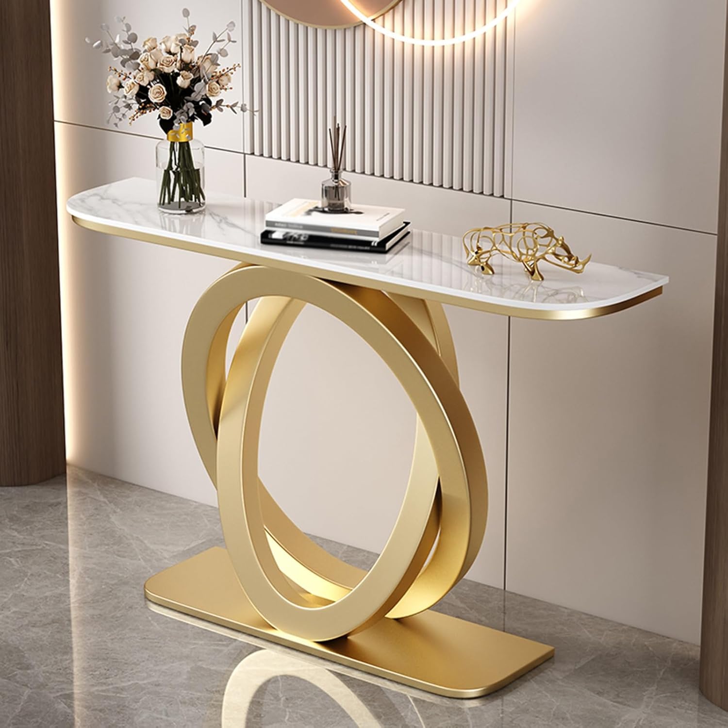 Console Tables,Contemporary Accent Table,Entryway Table with Storage Behind Couch Sofa Table for Living Room, Hallway, Foyer(White+Gold,100cm/39.4in)