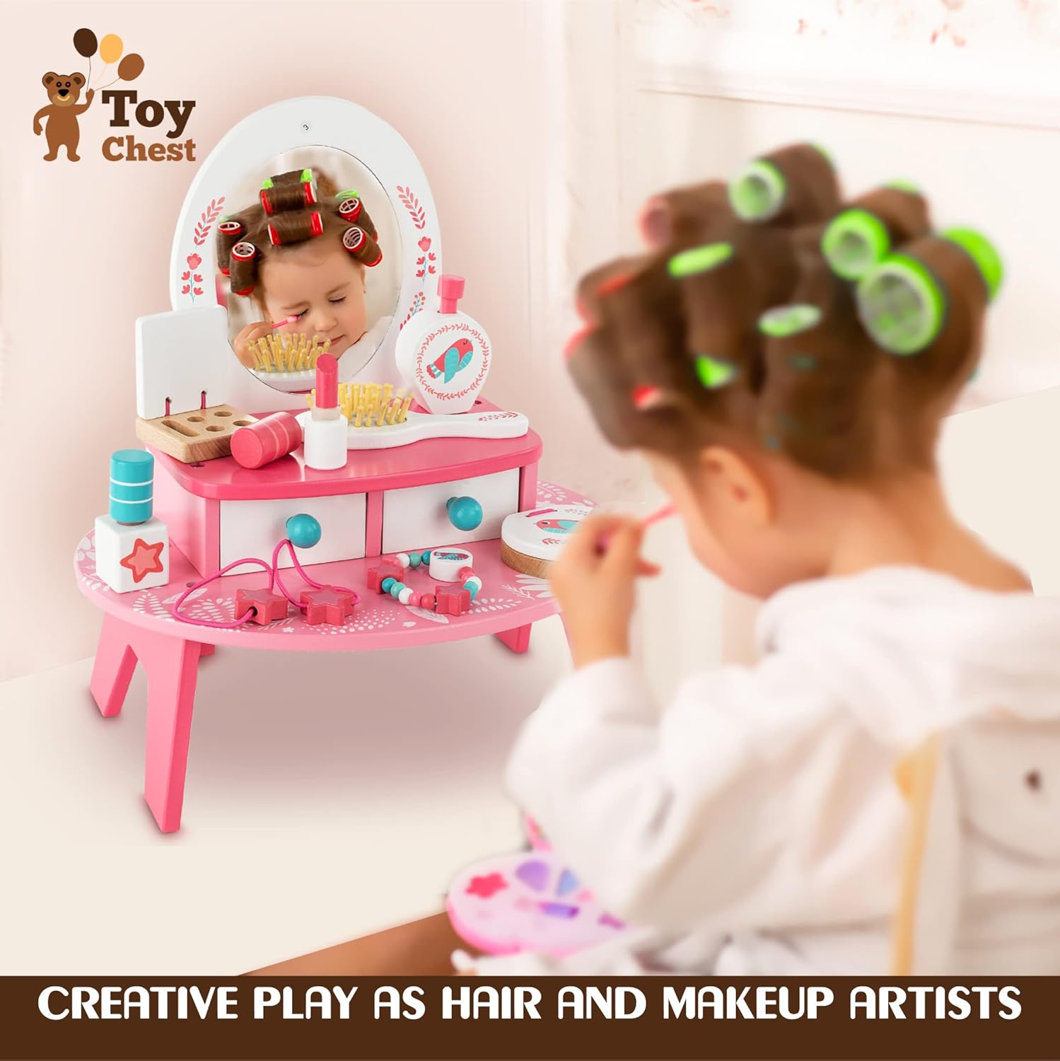 Toy Chest Nyc Wooden Beauty Salon Play Set, Tabletop Dresser Makeup Station for Kids, Role Playing Vanity Set for Little Girls, with Pretend Makeup for Toddlers, 16 Pieces, 11" x 7.8" x 13" : Toys & Games