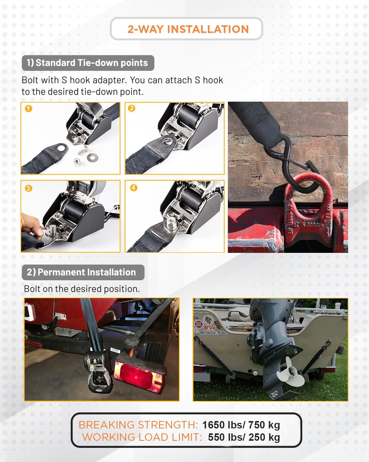 Strapinno 2PCS Stainless Steel Retractable Ratchet Straps (1 7/8 in x 4 ft) Heavy Duty Transom Tie-Downs with Extension Straps, Bolt Set & Safety Latch S-Hooks,for Boat,Break Strength 1,650LBS/750KG