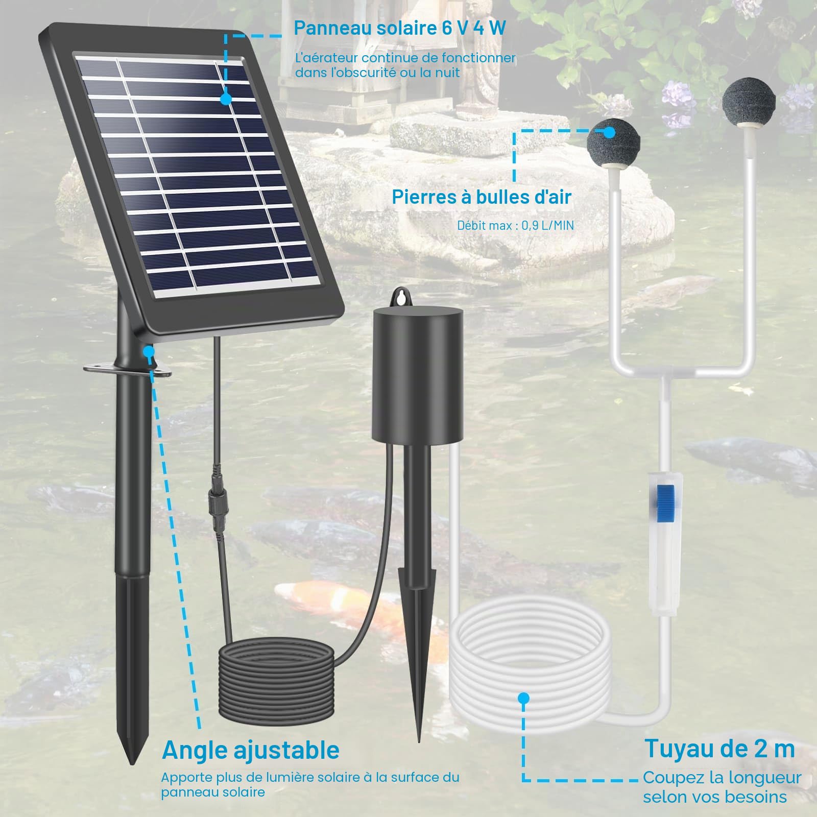 Weinsamkeit Pompe Solaire pour Bassin, 4W Pompe Bassin Solaire avec Batterie 2200mAh, 3 Mode, Pompe a Air Bassin avec Tube à Oxygène et 2 Pierre à Bulles d'air