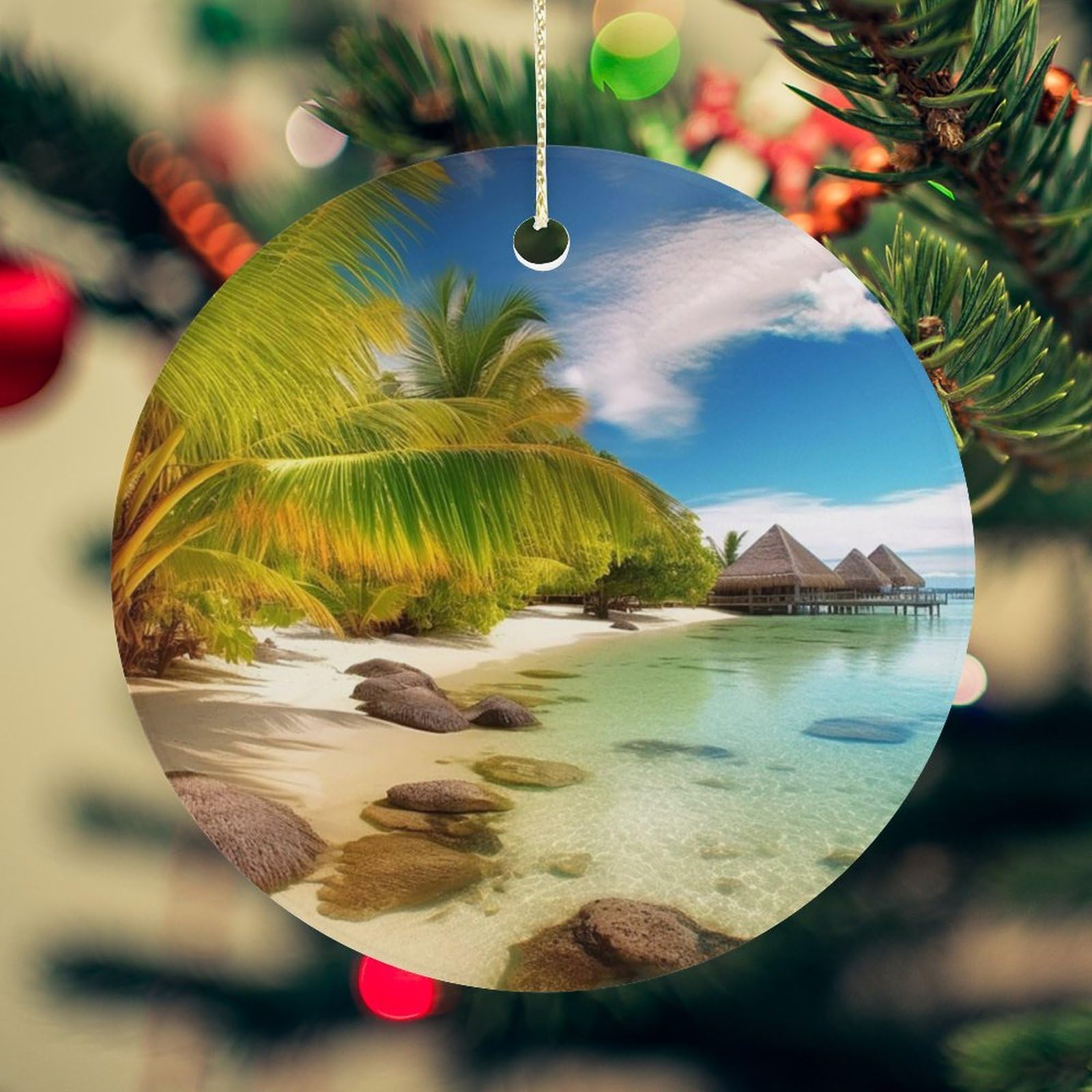 Tropical Beach Scenery Christmas Ornament for Christmas Tree Ceramic Round Ornament Winter Holiday Keepsake Gift 2.7" Christmas Tree Hanging Decorations Circle Ceramic Pendant Xmas Gift