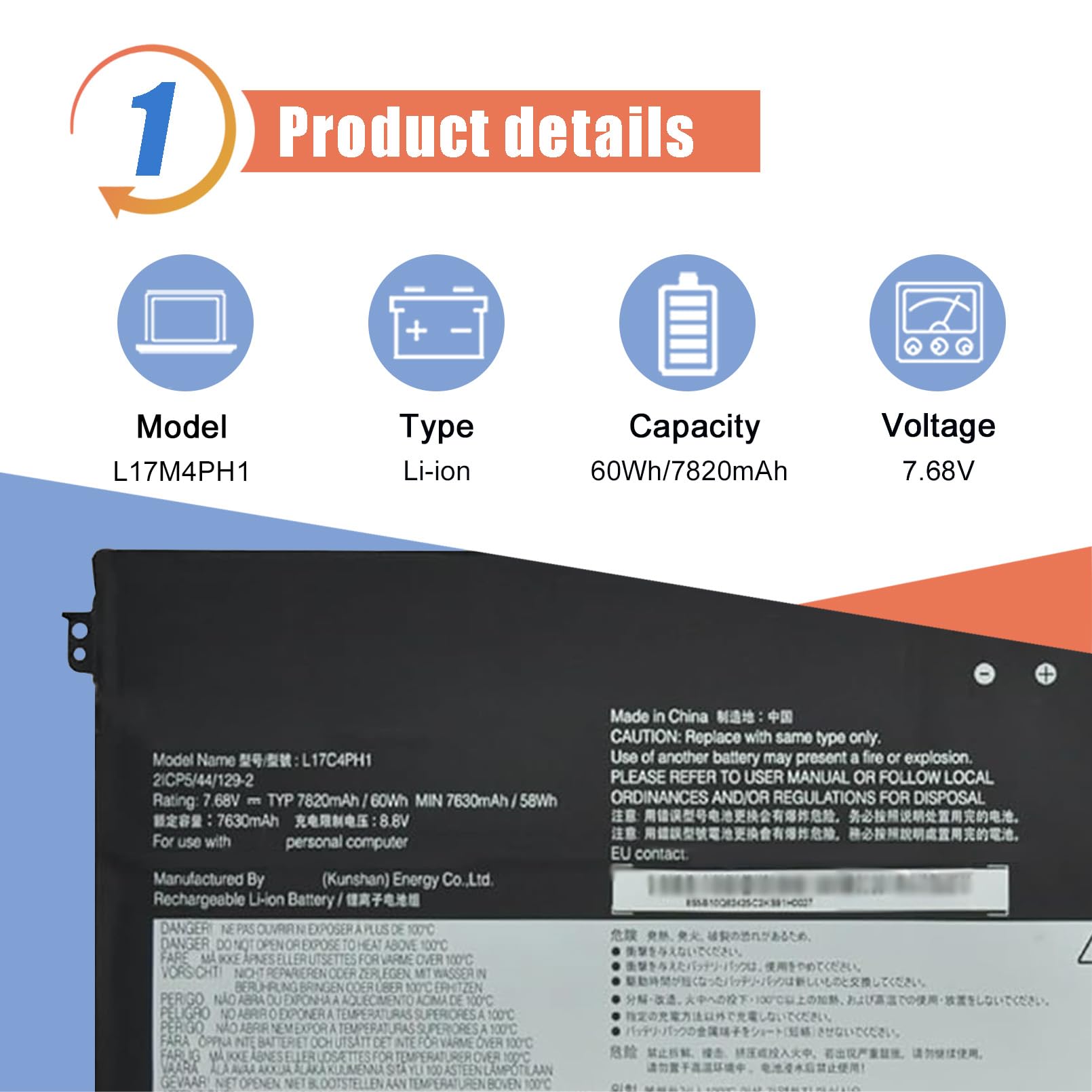 ASODI L17C4PH1 L17M4PH1 Laptop Battery Compatible with Lenovo Yoga C930 C930-13IKB C930-13IKB 81C4 Series 5B10Q82426 5B10Q82425 7.68V 60Wh 7820mAh