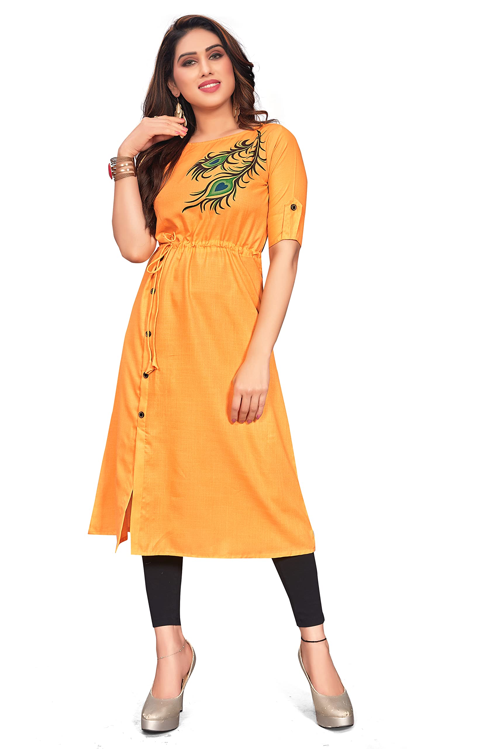 Leriya Fashion Designer Slub Cotton Fully Stitched Anarklai Kurti For Women & Girls On Jeans Palazzo Or Shrt (Xx-Large, Yellow)
