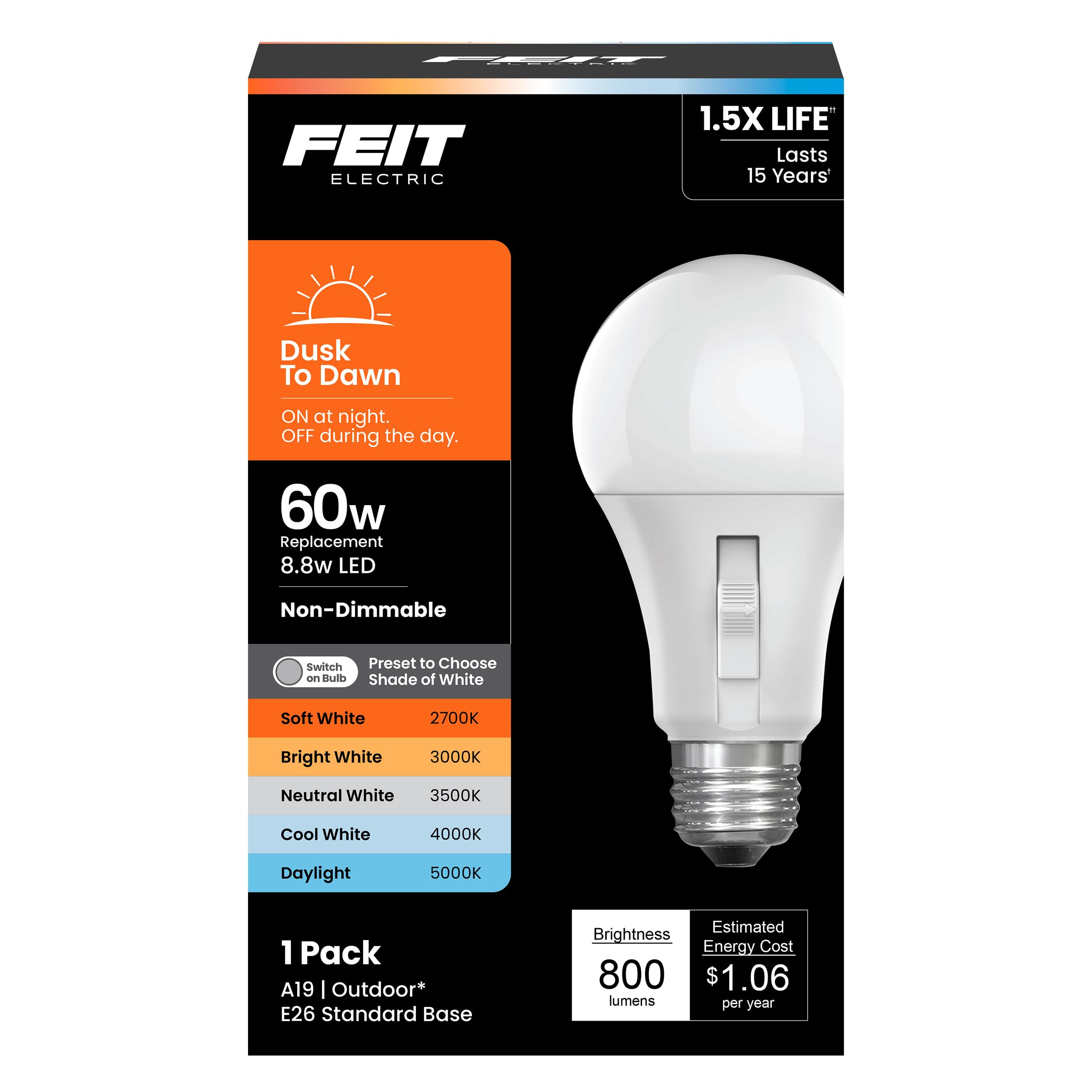 LED Dusk-to-Dawn Light Bulb, A19 60W Equivalent, 5CCT, Non-Dimmable, E26 Medium Base, 90 CRI, 800 Lumens, Adjustable White, 13 Years Lifetime, OM60/5CCTCA/DD/LEDI