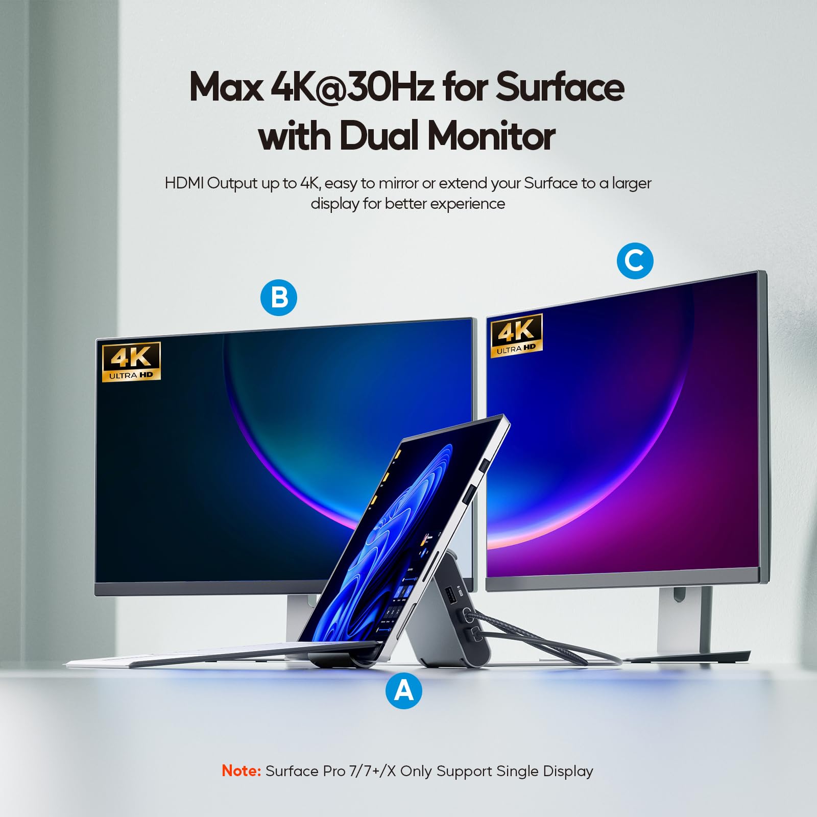 USB C Docking Station Dual Monitor 4K@60Hz, 6X USB-A/USB-C, Plug & Play | PULWTOP USB C Hub mit 2x HDMI, PD, Ethernet, vertikale Dockingstation für Surface Pro 11/10/9/8 & Windows Laptop - Grau