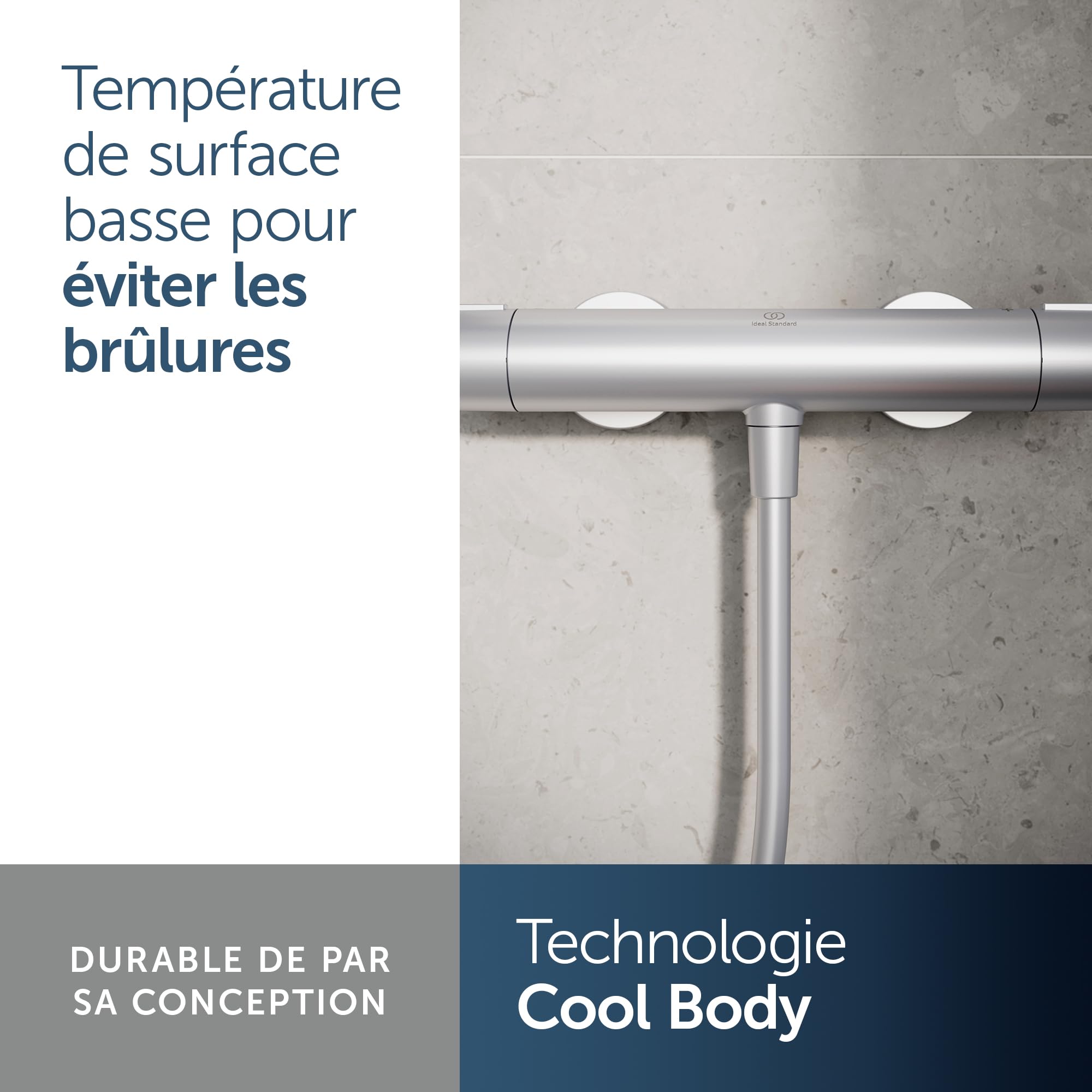 Ideal Standard Ceratherm Alu+ Mitigeur douche apparent, Fabriqué à partir de 100% d'aluminium recyclé, économise l'eau et l'énergie, fonction thermostatique – Argent (292x105x72 mm)