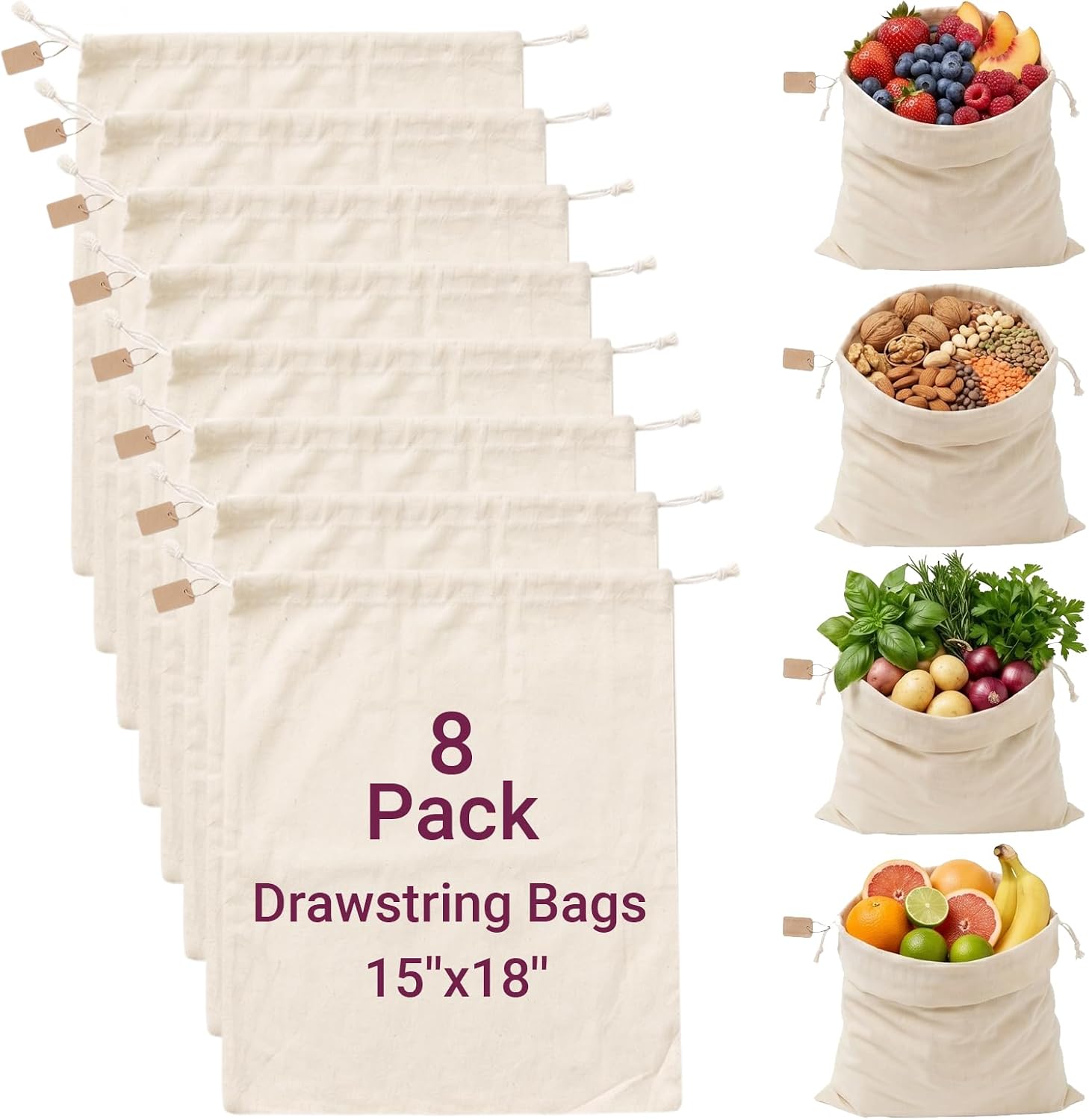 6oz 100% Cotton Bags with Drawstring,8pcs XXL 15x18inch Reusable Muslin Bulk Sack Produce Bags,Multi-Purpose Canvas Bag for Vegetables,Flour,Bread,Breathable Fabric Shoe Dust Storage Bag