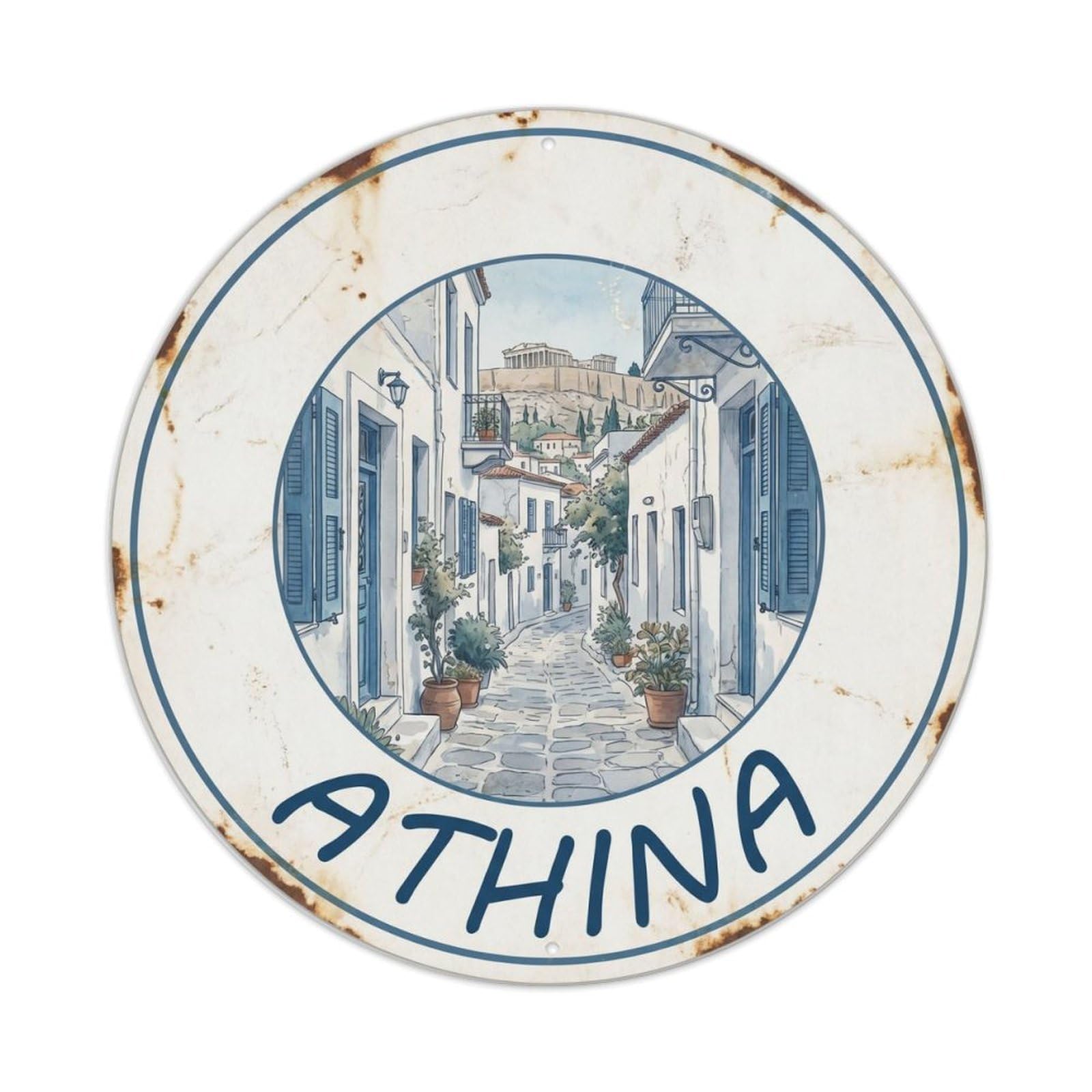 Vintage Travel Athens Plaka District Metal Tin Sign Plaque Wall Decor for Cafe, Club Bar, Office, Home Garden Round Metal Poster 8x8Inch