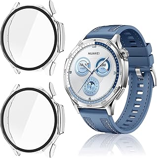 جراب وواقي شاشة لساعة هواوي GT5 مقاس 46 ملم، مضاد للخدش والصدمات من البولي كربونات، غطاء كامل من الزجاج المقوى متوافق مع ساعة هواوي GT5 من تي تيرسيلي، عبوة من 2 قطعة (شفاف)