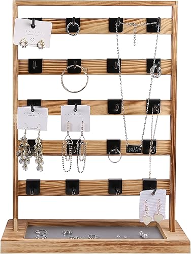 Miniatura 6 de BEROSS - Soporte de exhibición de joyería de madera con 20 ganchos, estante de exhibición de tarjetas para vender joyas de cinco niveles para