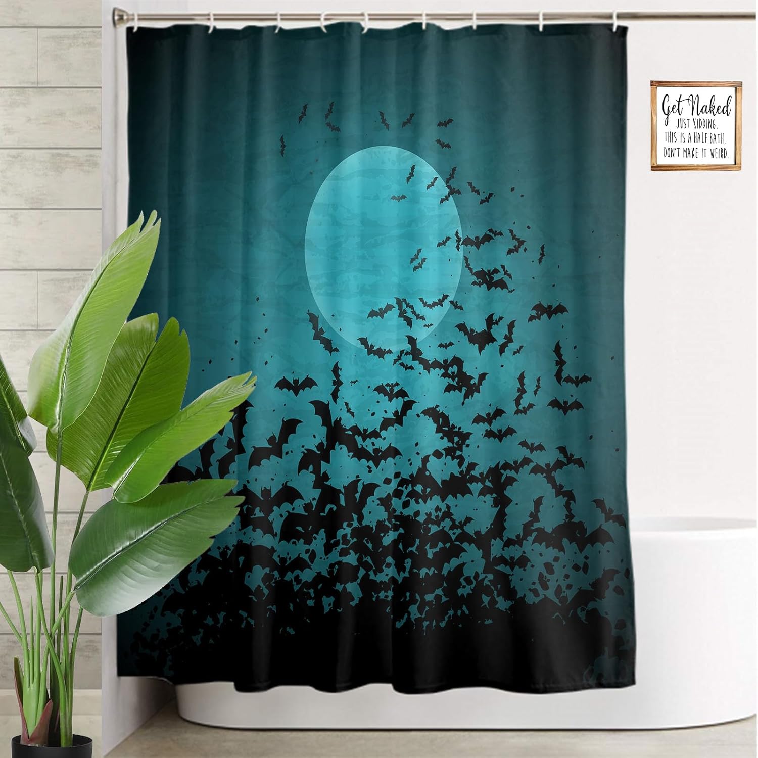 Moon Night Sky Bat Shower Curtain, Blue Green Black Halloween Flying Bats Printed Pattern, Cool Dark Bathroom Decor, 72x72 Inch Waterproof Polyester Fabric