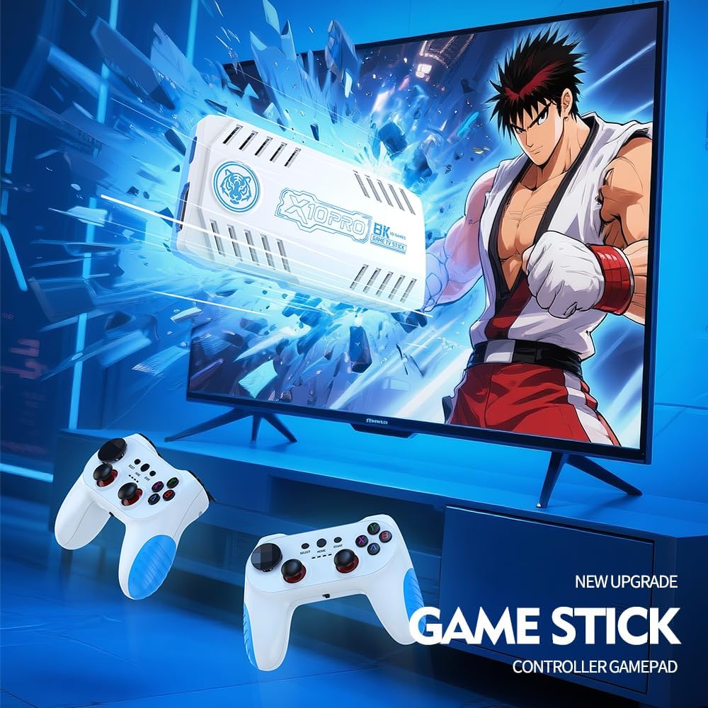 X10 PRO Retro Game Stick with 50000+ Games, 4K HDMI HD Plug and Play Game Stick with 2 Controllers, Support 50+ Simulators, 2 Player Battle (Hurricane Blue)