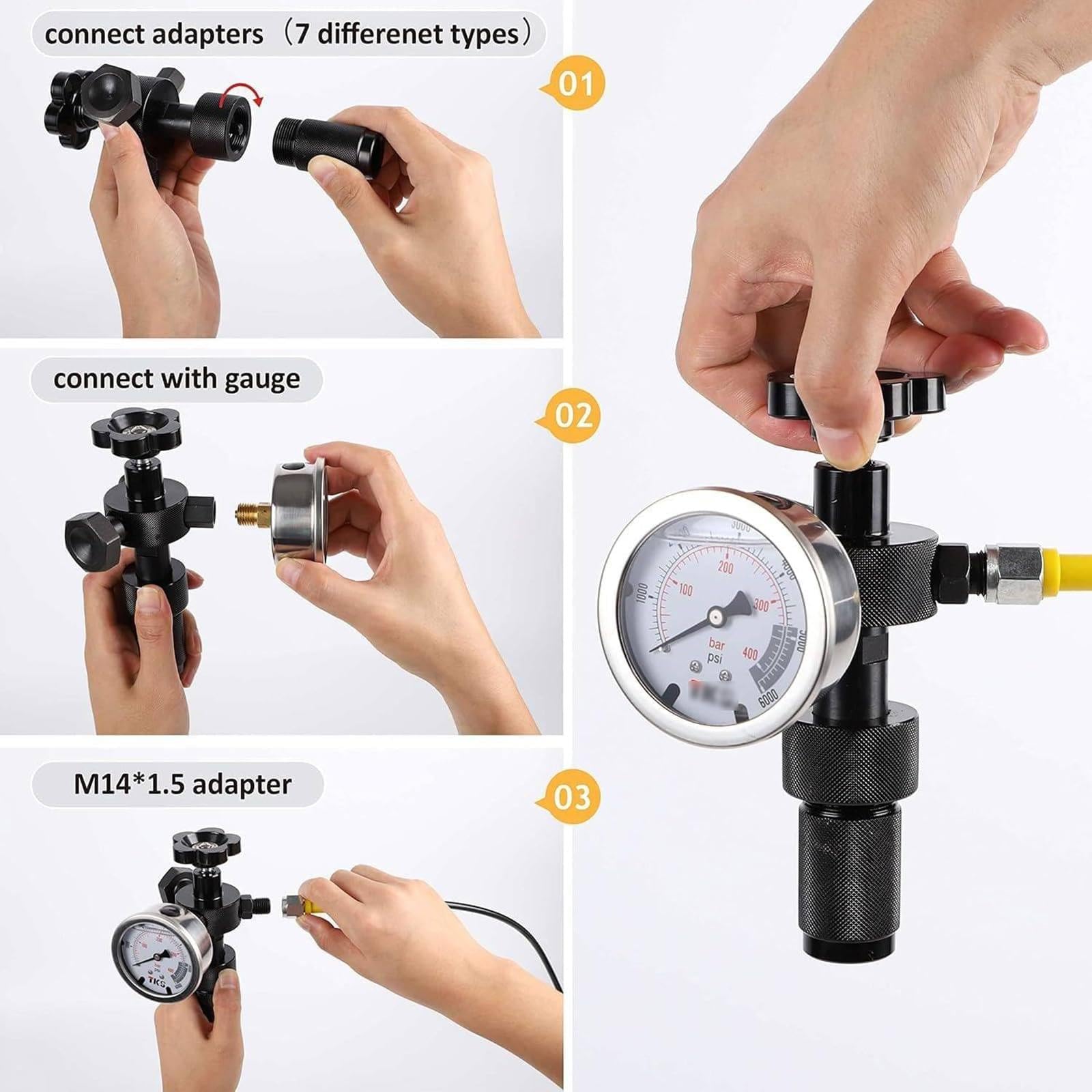 Kit de carga de acumulador de nitrógeno hidráulico, kit de prueba de presión de nitrógeno hidráulico, kit de carga de llenado de nitrógeno con 3 manómetros, 7 acoplamientos y 1 manguera de gas