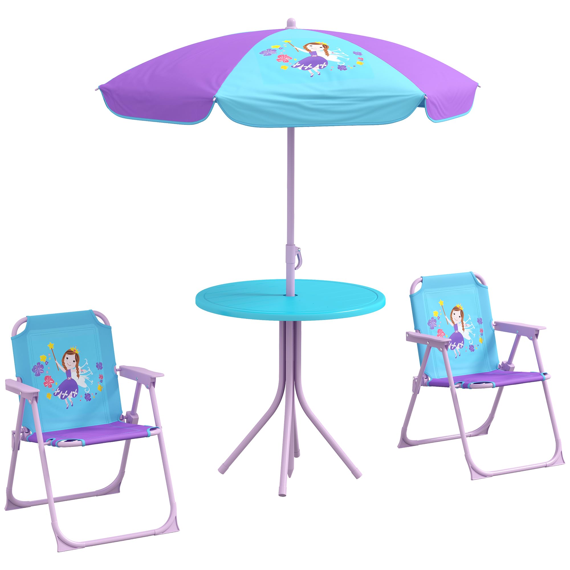 Outsunny Kids Bistro Set Children Table and Chair Set Garden Furniture  Fairy Themed Pieces w/Adjustable Parasol, Foldable Chairs for 2-5 Years – 