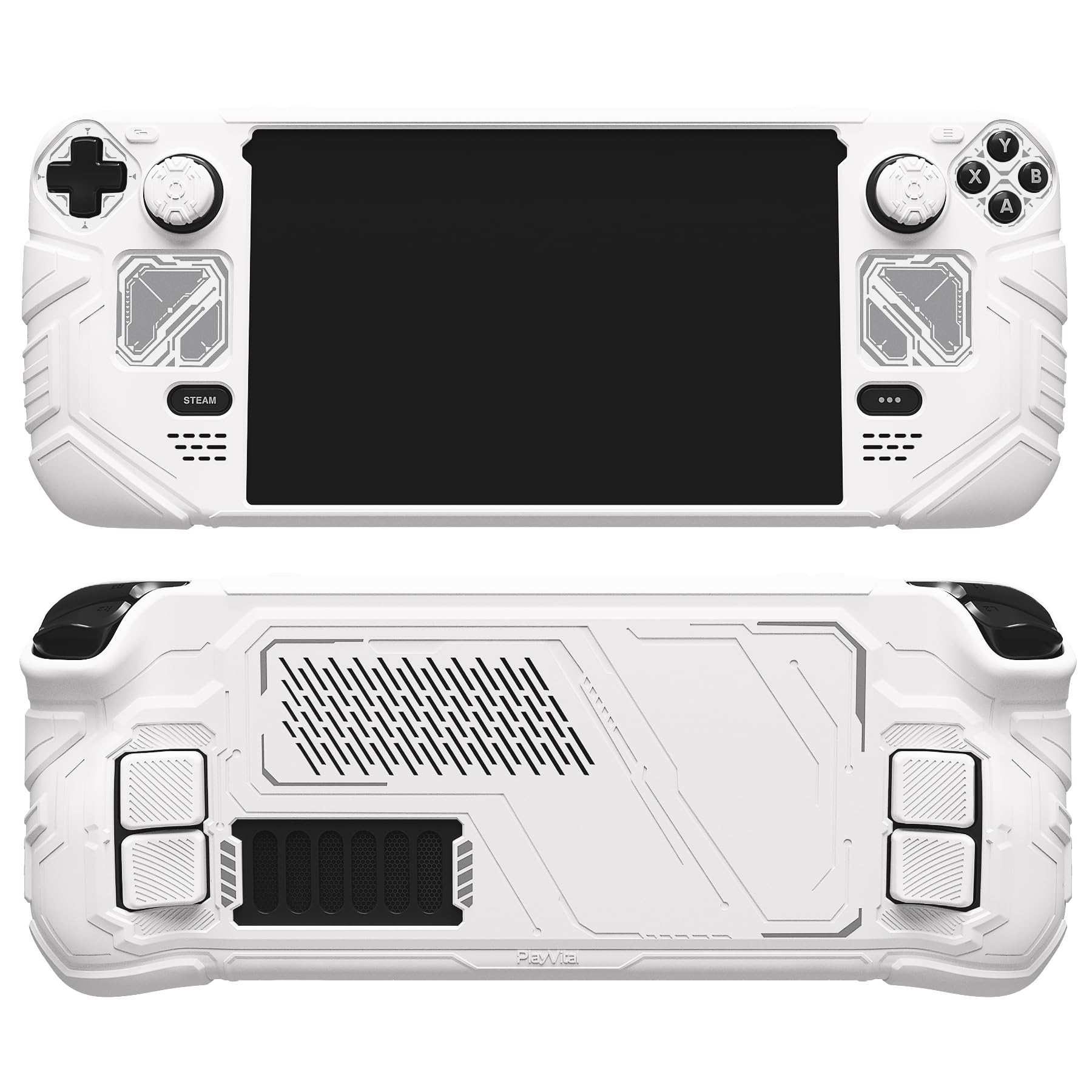 playvital Coque pour Steam Deck OLED & LCD avec Boutons Arrière & Capuchons Joystick & Autocollants,Housse Étui Silicone pour Steam Deck Accessoire Protection Antichoc Antidérapante-Blanc Mécha