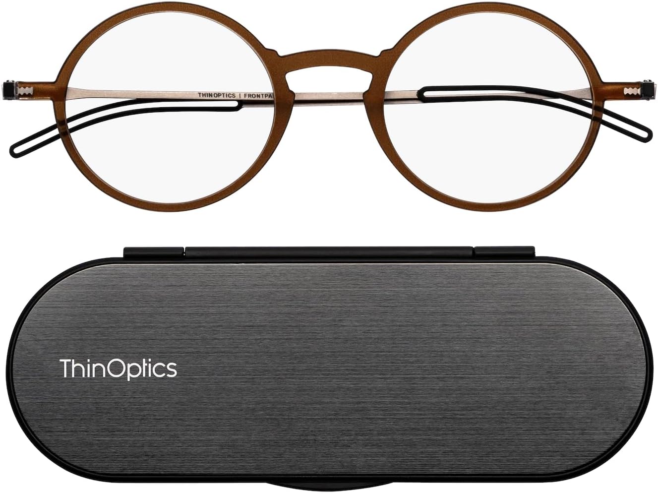ThinOptics Reading Glasses 1.0 1.5 2.0 2.5 with Slim 4mm Magnetic Case - Ultra Light Spectacles with Round Frame - Stylish Readers for Men & Women – Thin Design with Brushed Aluminium Case