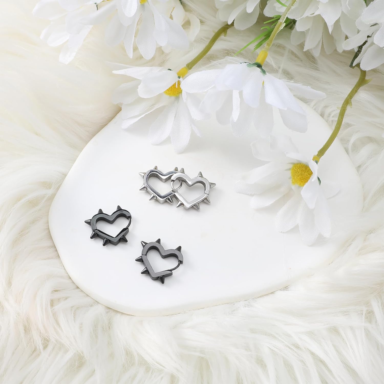 2 Pairs of Spike Earrings for Women, Stainless Steel Hoop Spike Heart Earring, Silver and Black Punk Gothic Earrings for Women Men - Image 3