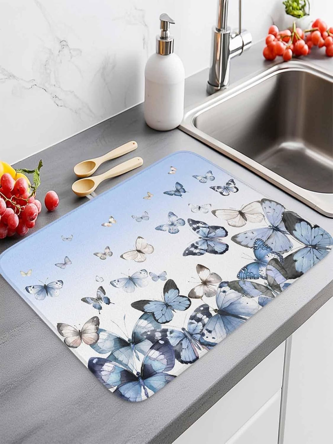Blue White Butterflies Dish Drying Mat for Kitchen Counter Pastoral Style Gradient Background Super Absorbent Microfiber Coffee Bar Mat Washable Dish Drainer Rack Mat, 2 Pack, 16" x 18"