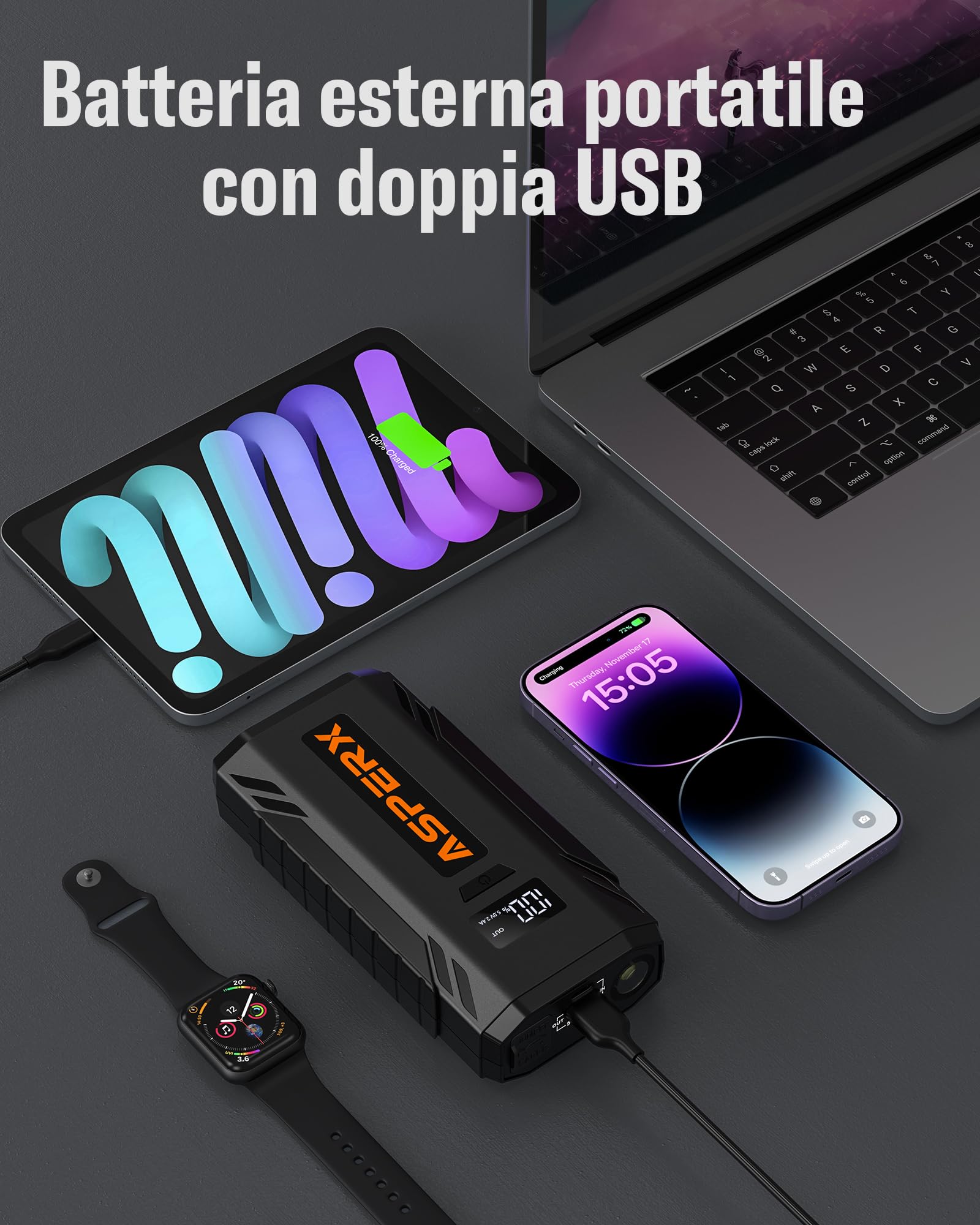 AsperX Avviatore Batteria Auto 2000A, Avviatore Batterie per Auto Portatile da 12 V (Fino a 8,0 L Gas o 6,5 L Diesel), Avviatore Auto con Lampada LED e Schermo LCD da 1,4 Pollici