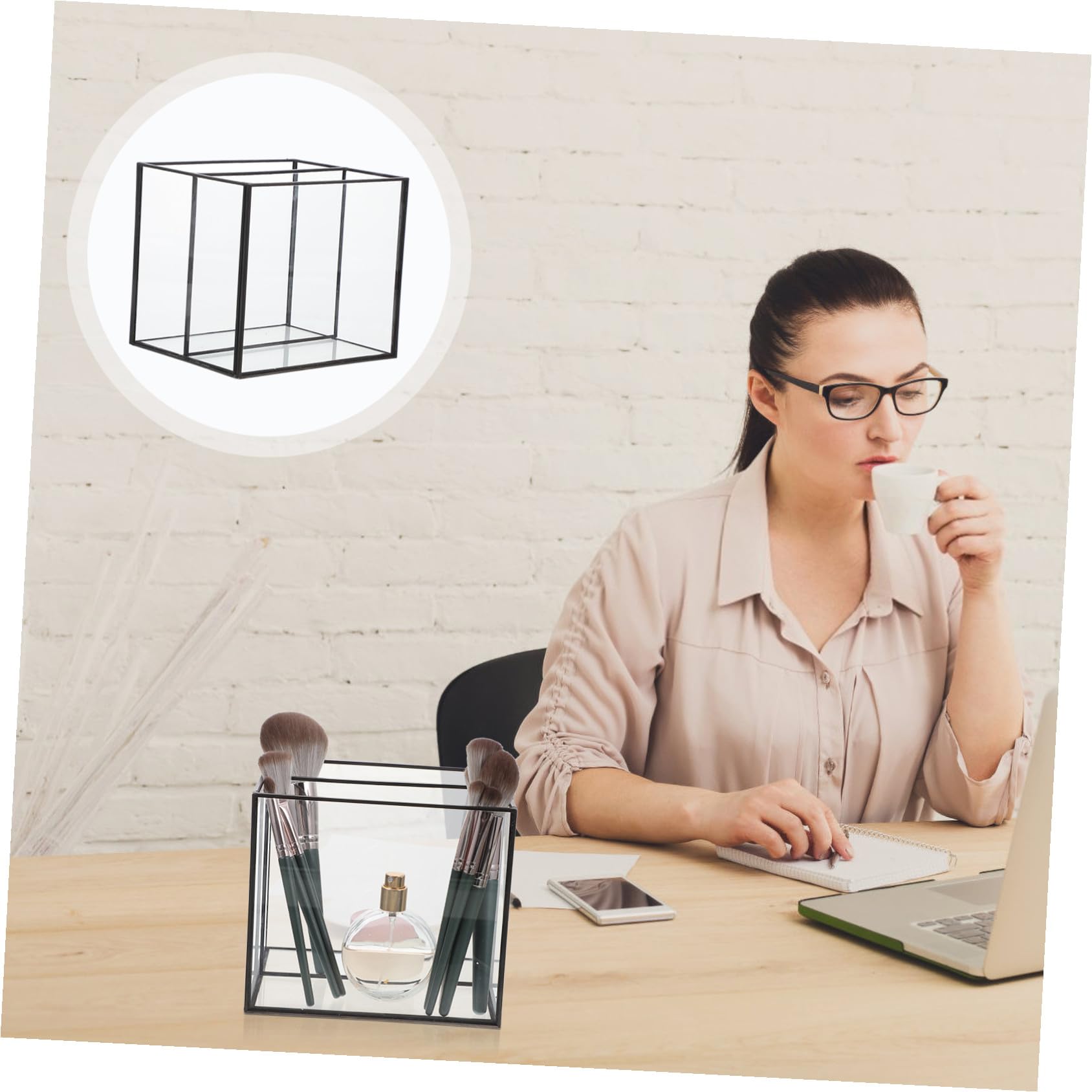 Boîte de Rangement pour Cosmétiques et Bijoux Verre et Laiton Compartiments Doubles pour Bureau et Coiffeuse Organisateur Pratique pour Petits Objets