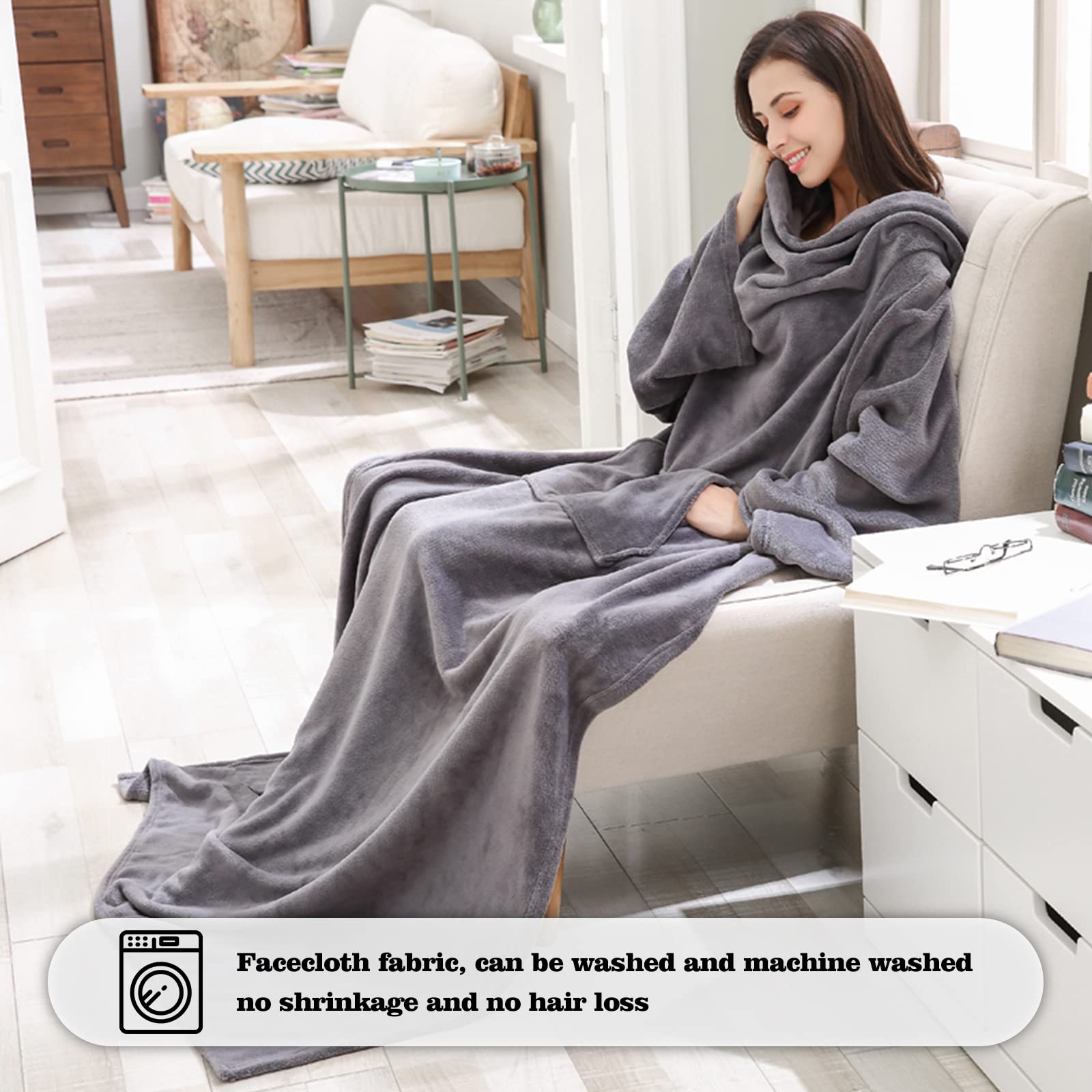 Ergocar Manta usable, Manta con Mangas y Bolsillos, Manta de TV de Franela, Manta de Forro Polar Suave y Gruesa, Caliente y Acogedora Manta para Sofá, Oficina, 150x180 CM