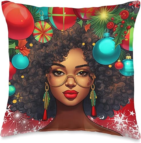 Black women Christmas ornament melanin curly hair Melanin Christmas Queen Xmas Black Girl Magic Ornament Throw Pillow, 16x16, Multicolor