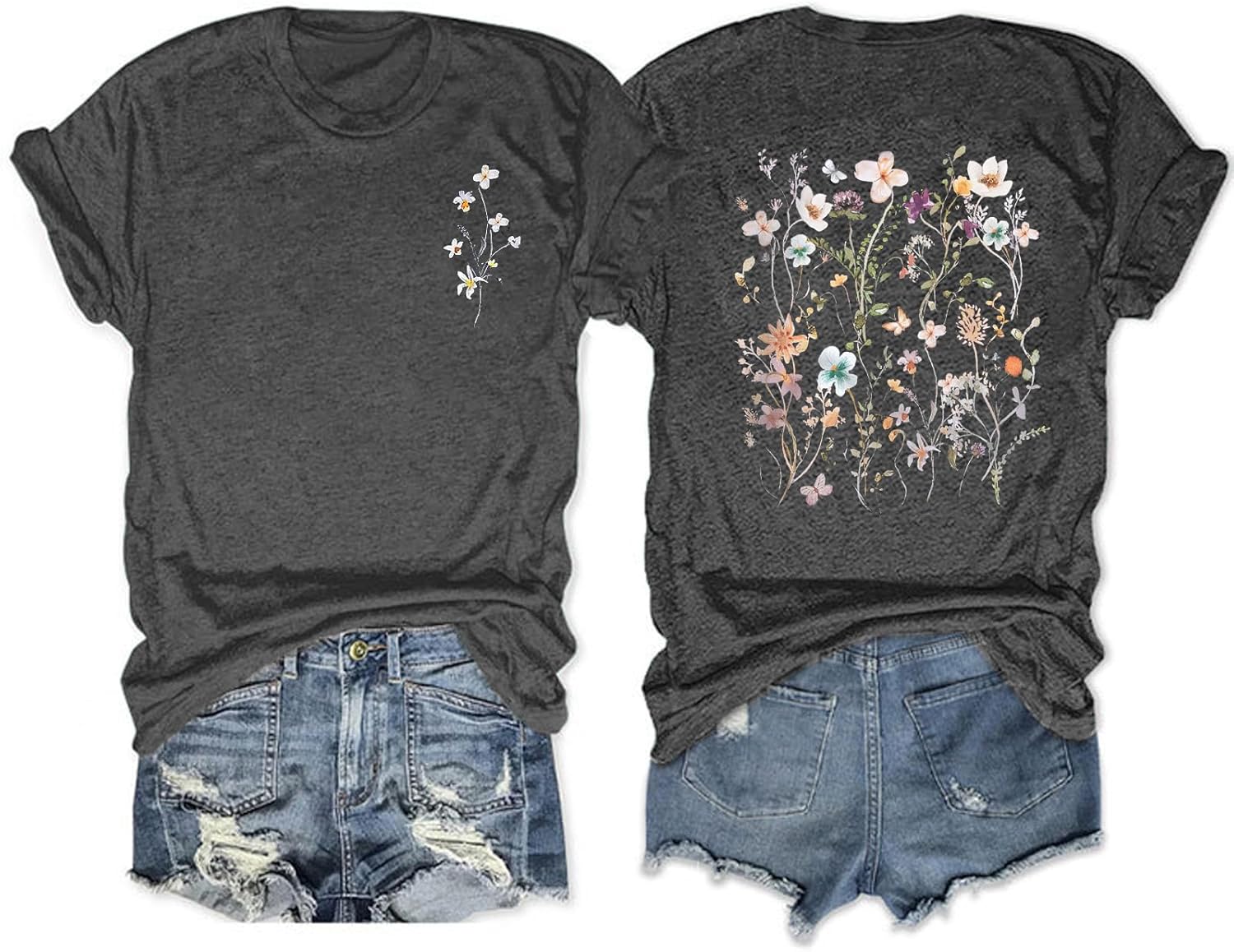 Women's Boho Flower T Shirt Vintage Floral Graphic Loose Tees Casual Funny Wildflowers Printed Cute Tops