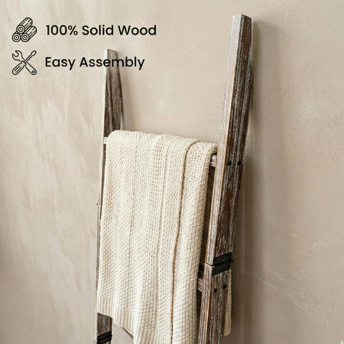 Blanket Ladder for Living Room 6-Tier, Wooden Decorative Quilt Holder for Bed Room, Wall-Leaning Towel Rack for Bathroom, Decorative Blanket Ladder Wood for Home Decor & Display (Dark Wash)