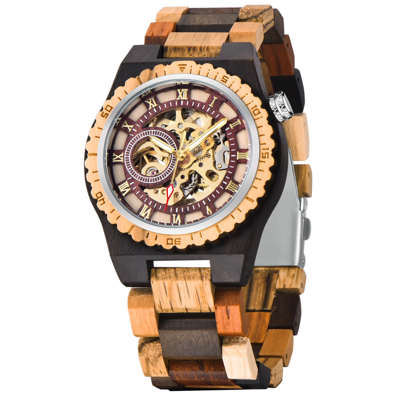 Tiong Orologio sportivo meccanico in legno, quadrante digitale cavo, cinturino in legno con lancette luminose, orologio meccanico da uomo
