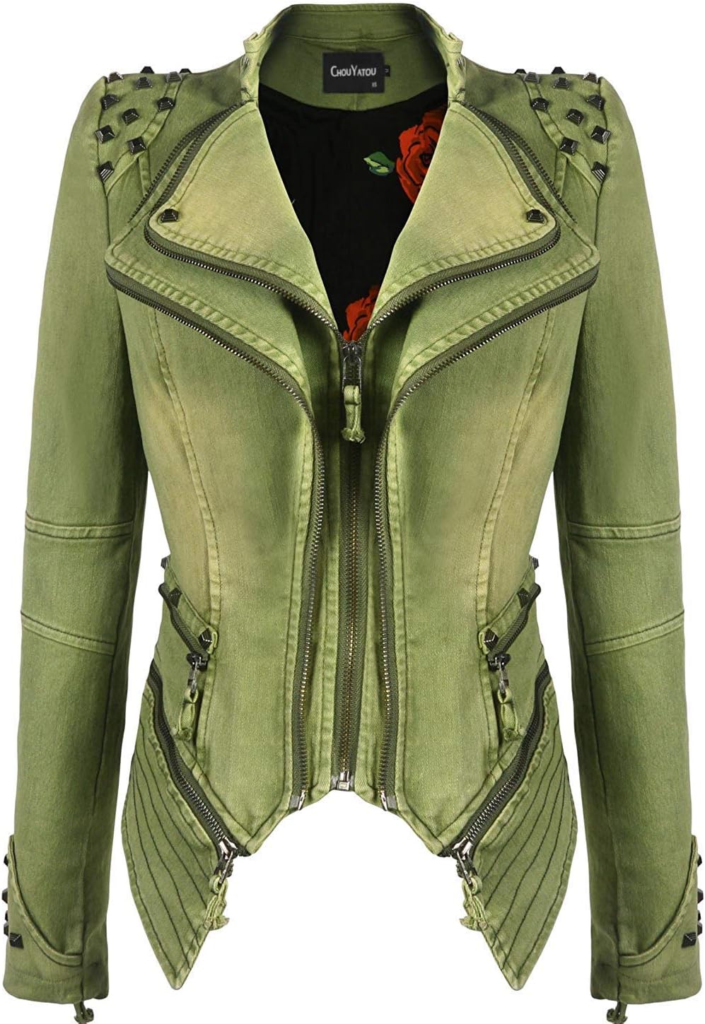 chouyatou Women's Fashion Studded Perfectly Shaping Faux Leather Biker Jacket (X-Small, Denim-Green)