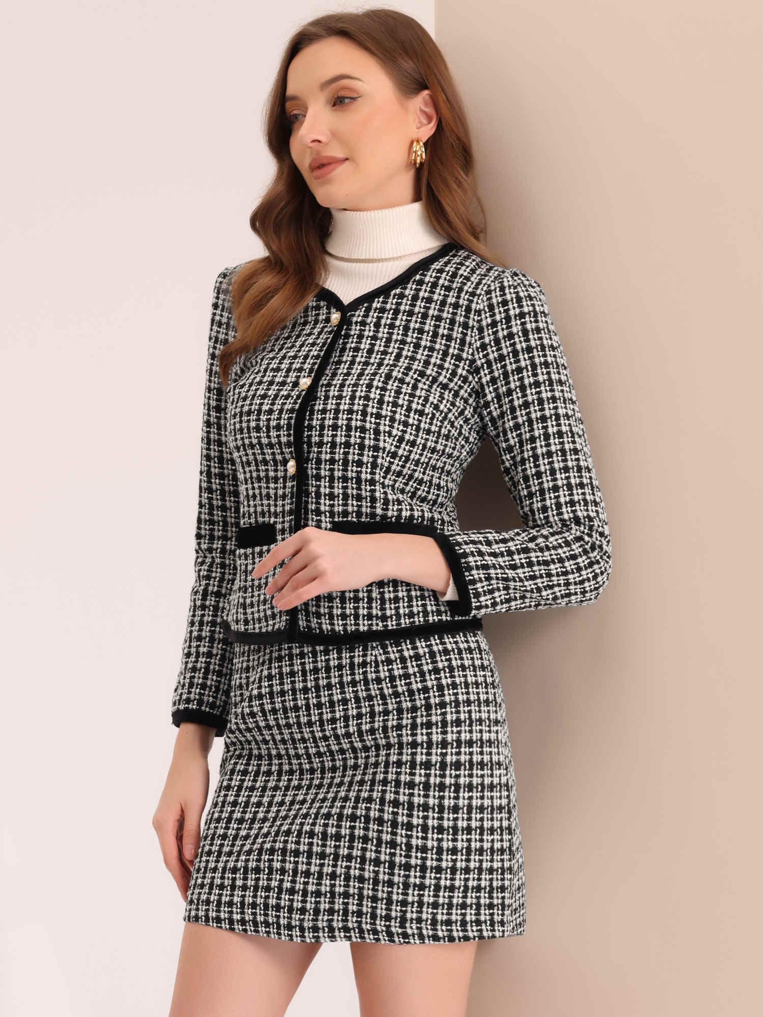 Allegra K Conjunto de falda de traje de negocios para mujer, trajes de 2 piezas, chaqueta de tweed a cuadros, blazer corto y minifalda