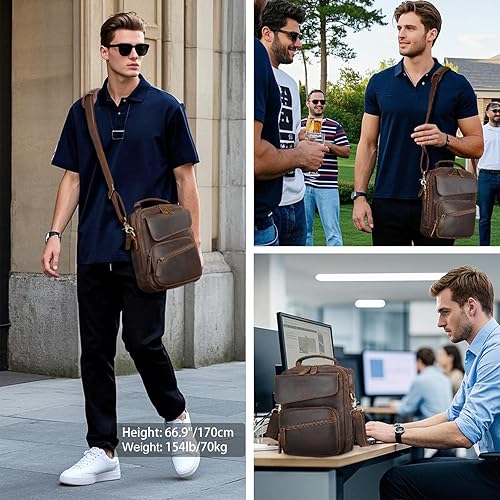 Miniatura 2 de Masa Kawa Bolso bandolera de cuero tipo mensajero para hombre, se adapta a tabletas de 11 pulgadas, con solapa pequeña, múltiples bolsillos, bolsas