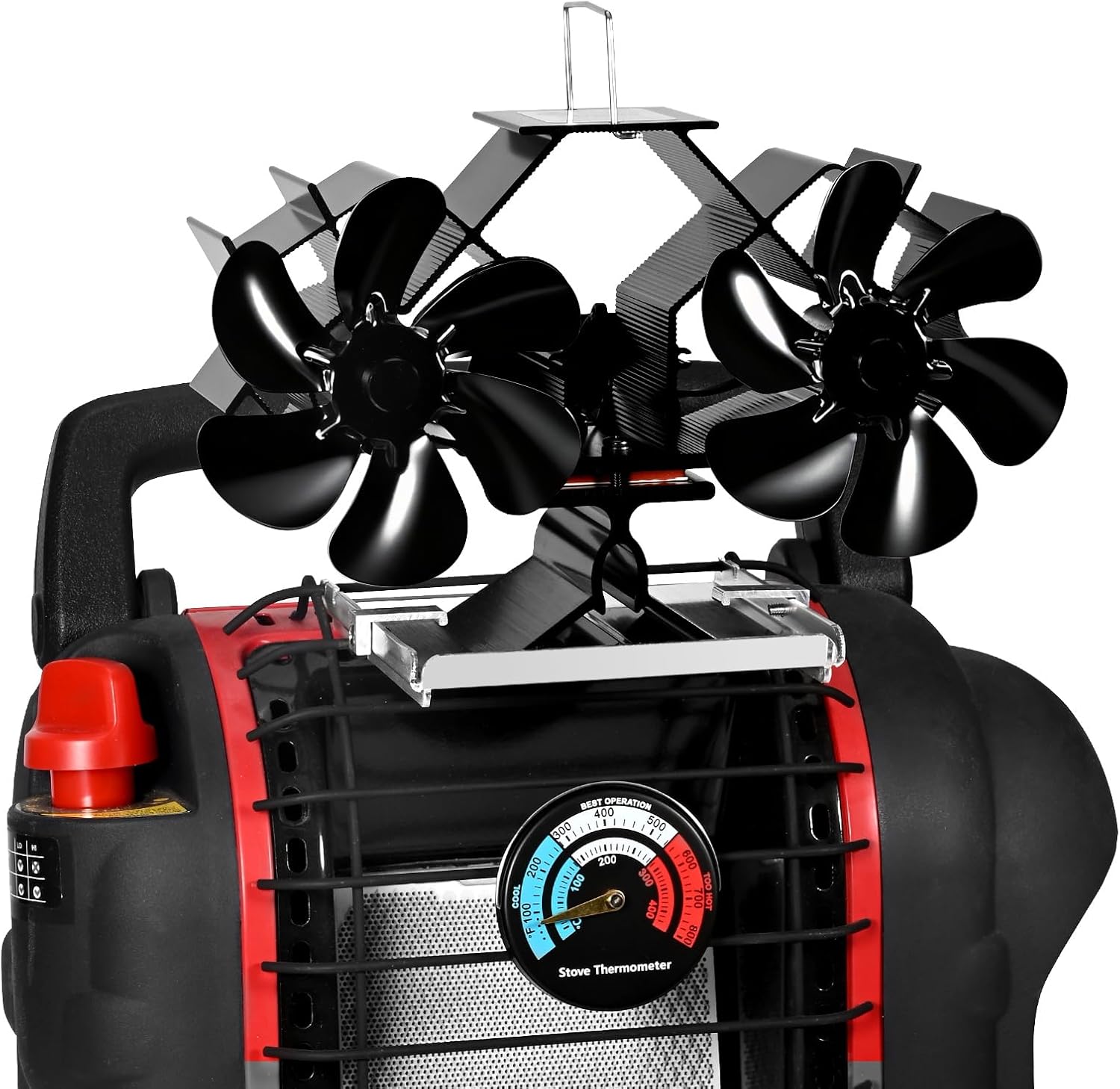 Dual Motors Heat Powered Fireplace Fan, Wood Stove Fan Compatible for Buddy Heater, Fireplace Fan with WoodStove Magnetic Thermometer, Heat Activated Thermal Fan for Wood Burning Stove/Log Burner