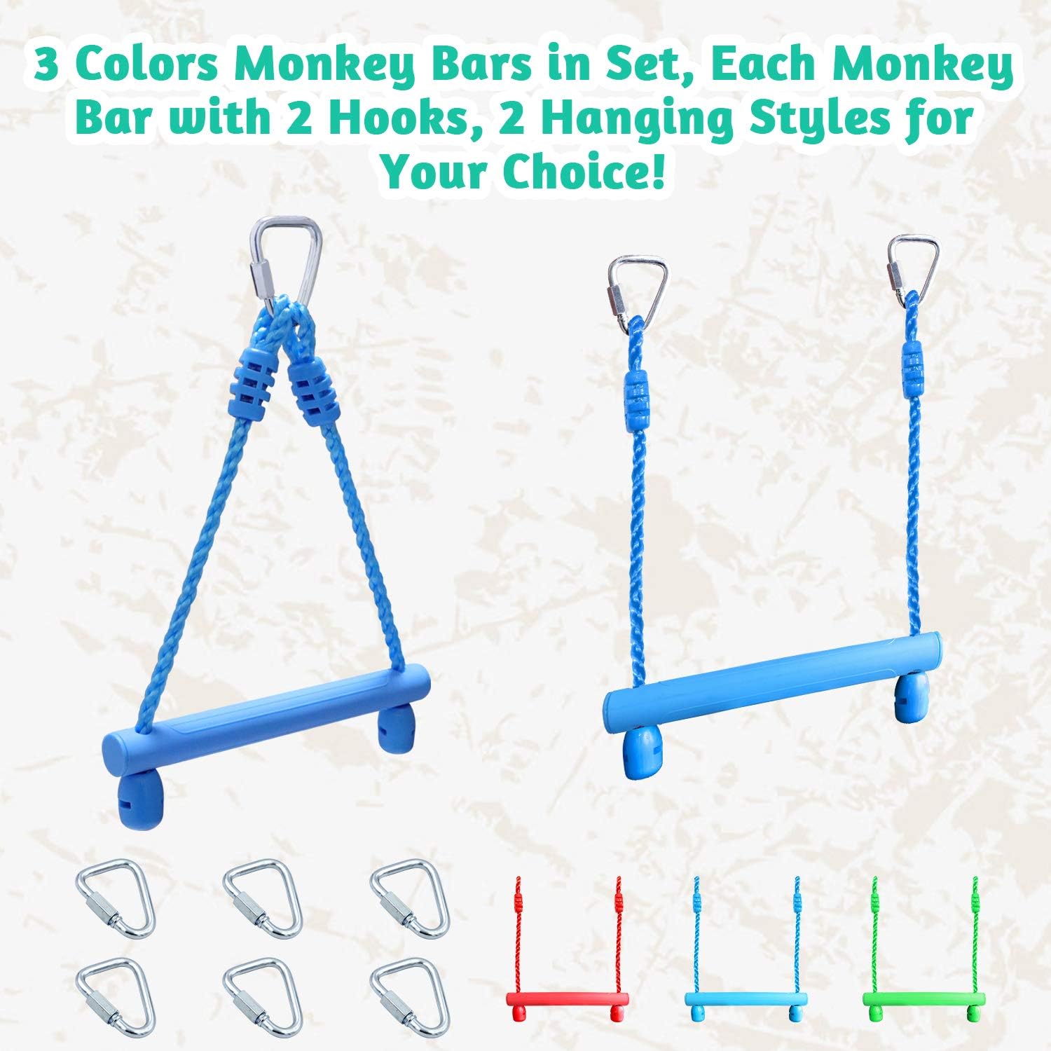 Rainbow Craft 3-Pack Kids Ninja Monkey Bars - Trapeze Swing Bars for Ninja Obstacle Course Attachments - 3pc of Blue, Red & Green Color : Toys & Games