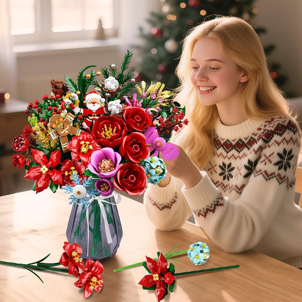 CUBIMANA 25 Pack Flower Bouquet Building Set with LED - Rose Flowers Botanical Collection for Adults Women, Easter Gift for Her/Wife/Girlfriend/Mom, 2203 PCS Artificial Plants for Home Decor